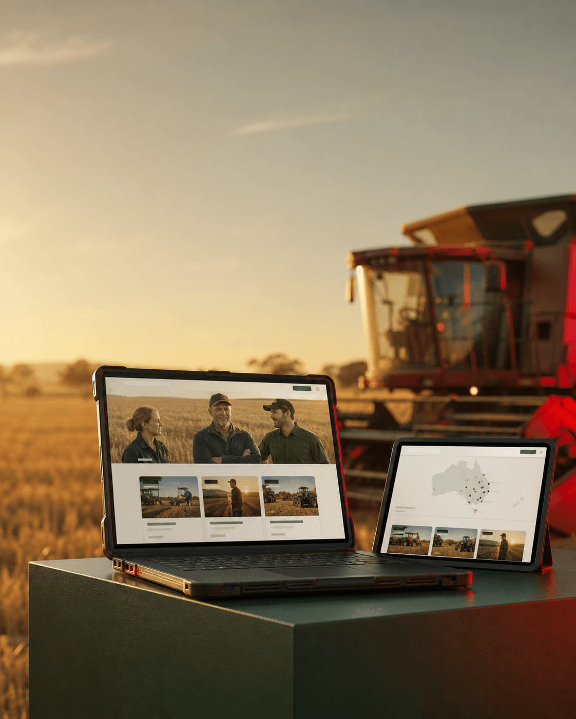 Illustrative agricultural recruitment website shown in a harvest field