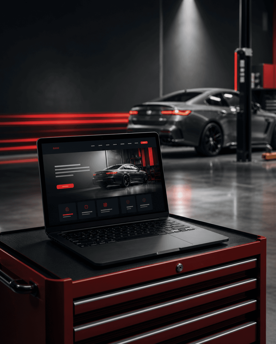 Illustrative European car-service website shown on a laptop in a workshop