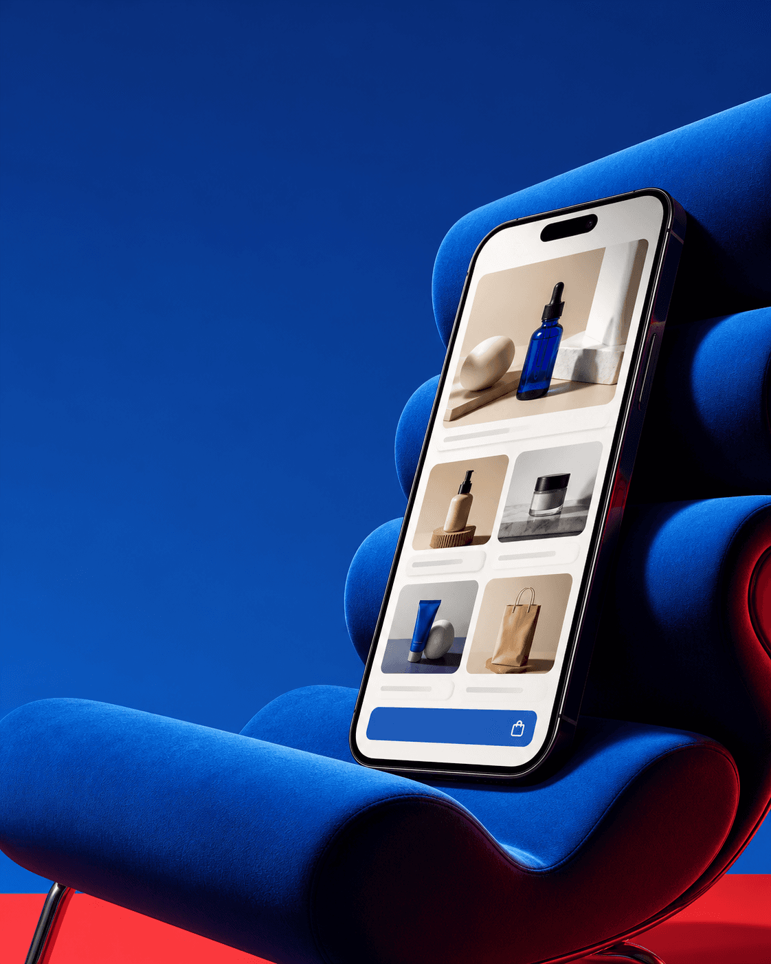 Illustrative ecommerce storefront shown on a phone in a blue studio