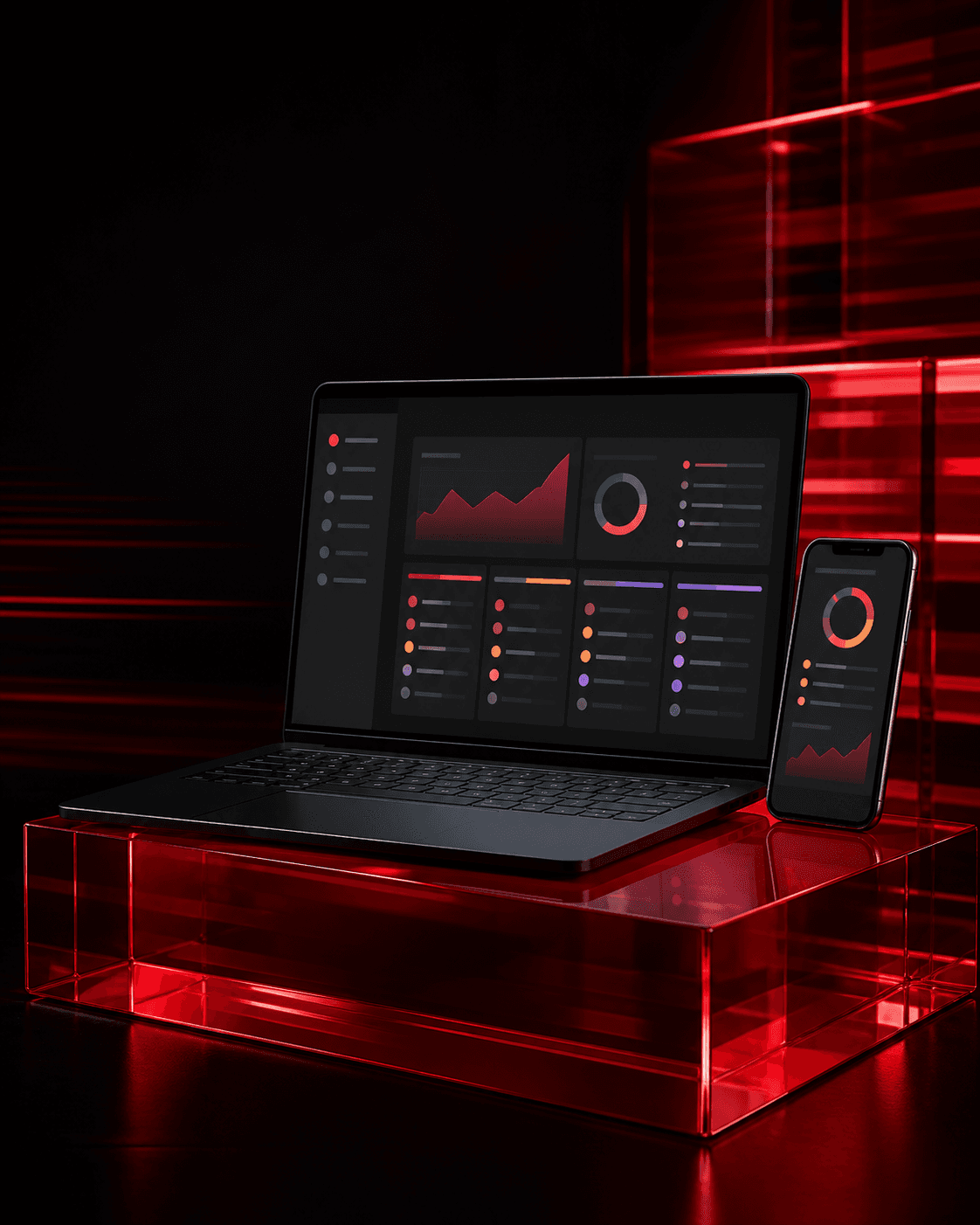 Illustrative CRM dashboard shown on a laptop and phone in a red studio