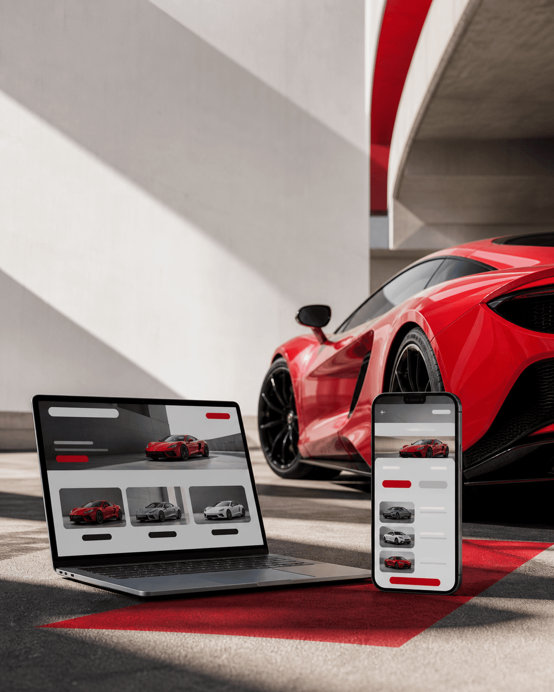 Illustrative luxury car-rental storefront shown beside a sports car