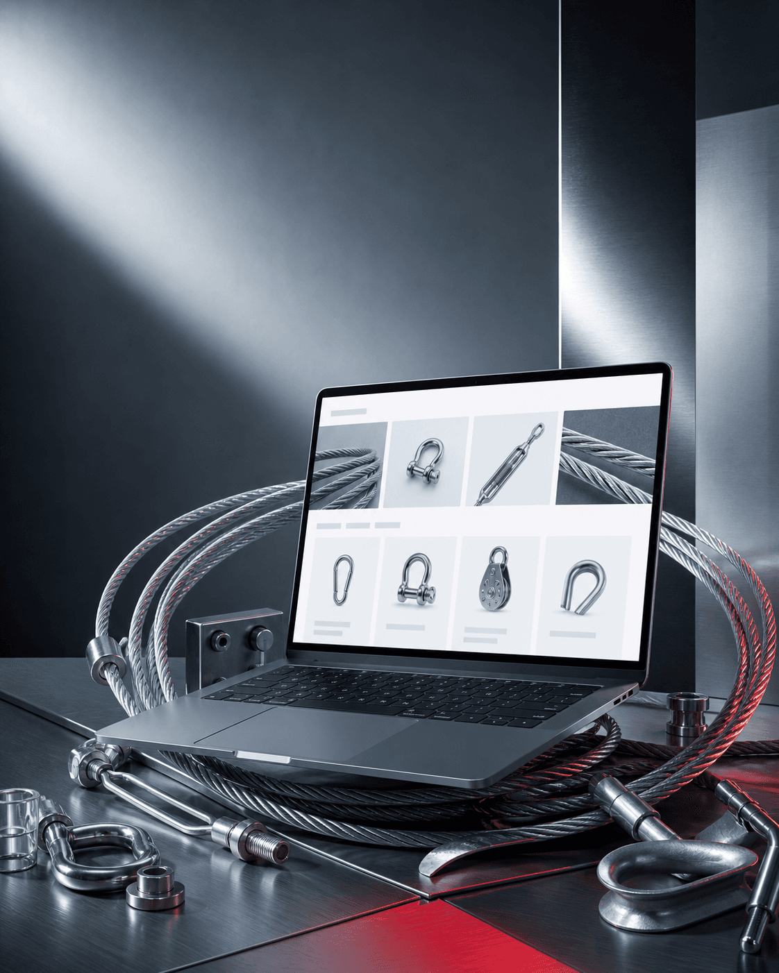 Illustrative specialist hardware storefront shown on a laptop in a steel studio