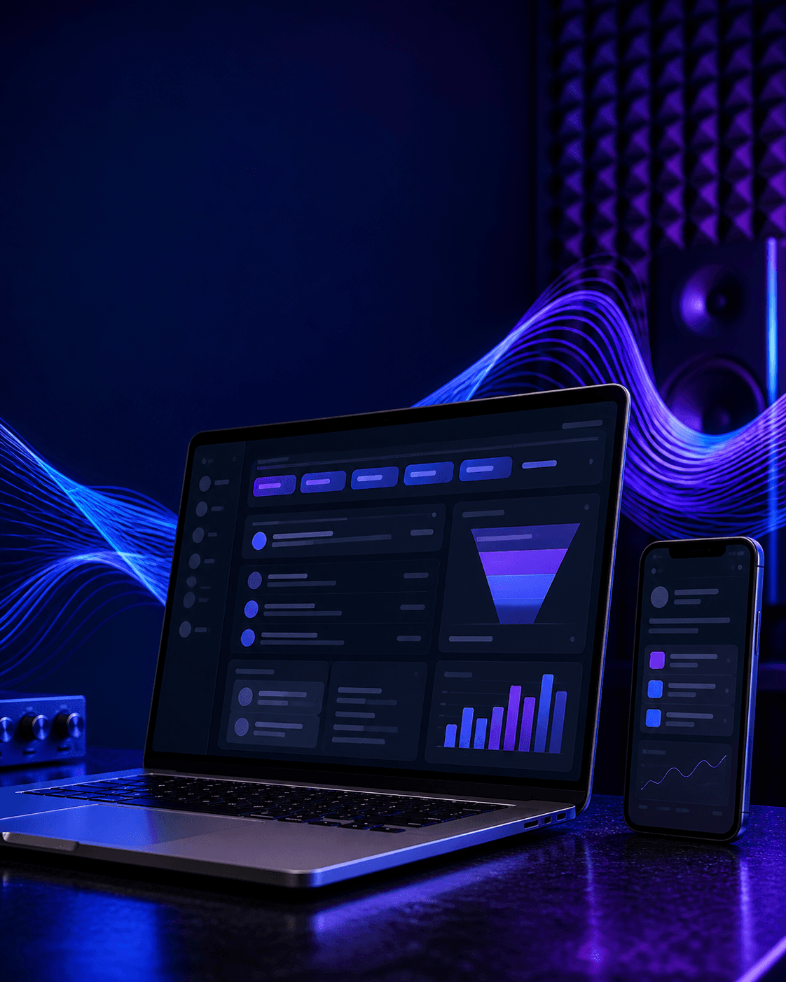 Illustrative sales pipeline shown on a laptop and phone in a blue studio
