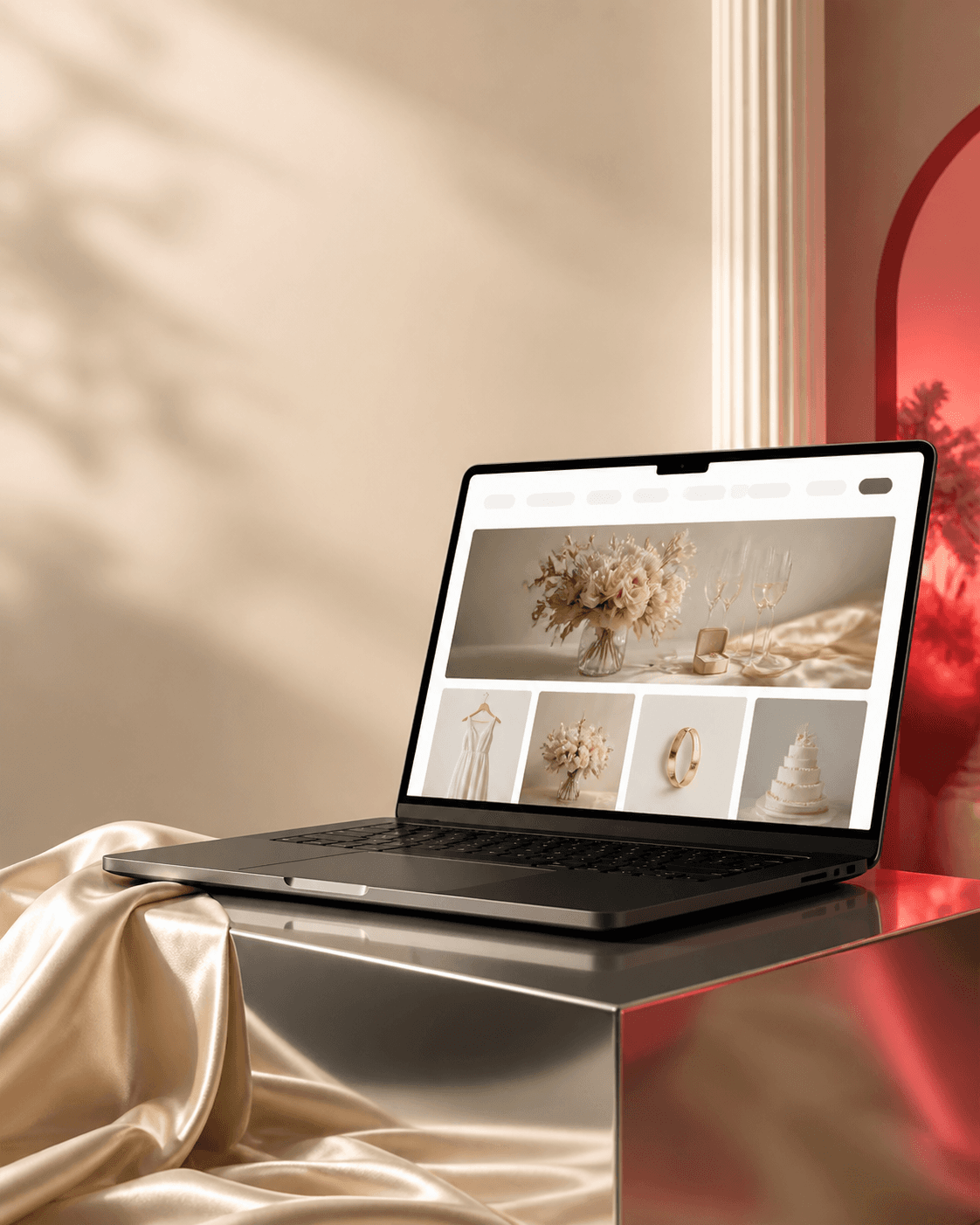 Illustrative wedding storefront shown on a laptop in a champagne studio