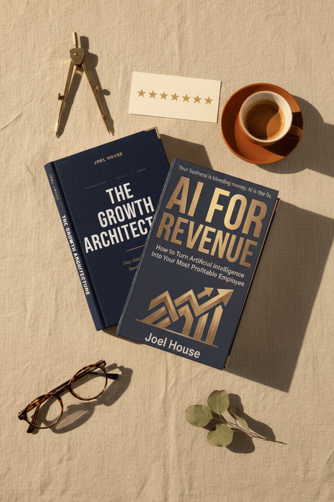 The Growth Architecture and AI for Revenue by Joel House — editorial flat-lay with a five-star rating card, brass compass, reading glasses, and espresso cup