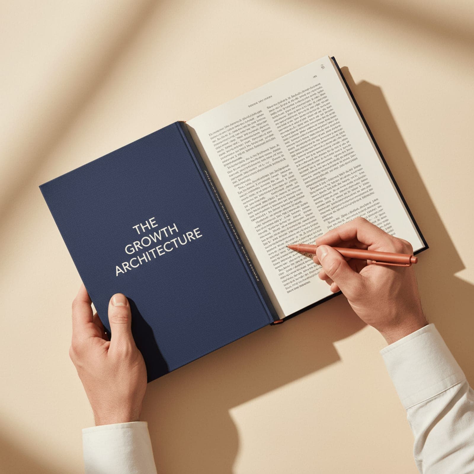 Hands holding the navy hardcover of The Growth Architecture, annotating with a terracotta pen