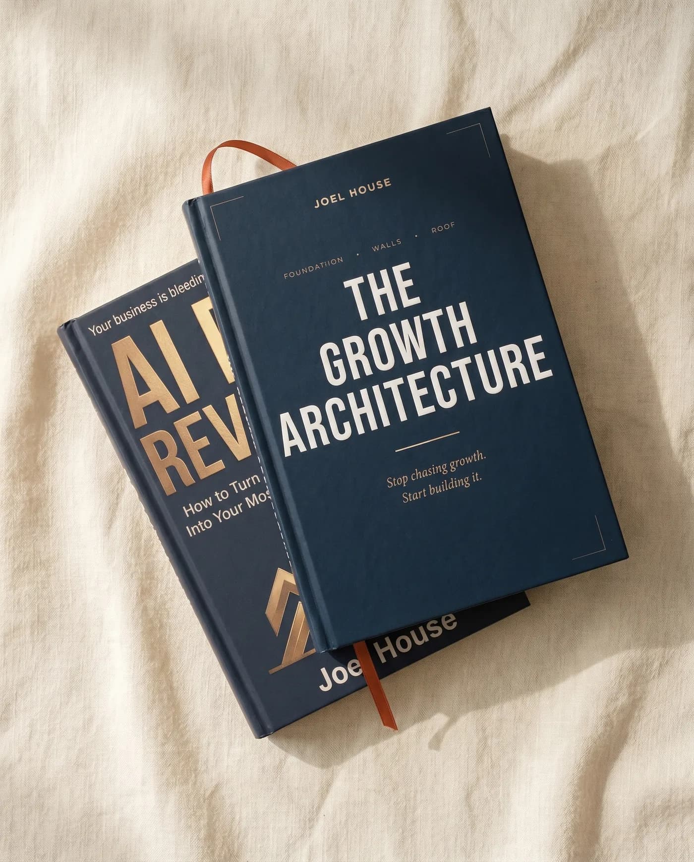 Joel House's two published books — The Growth Architecture and AI for Revenue — on a desk