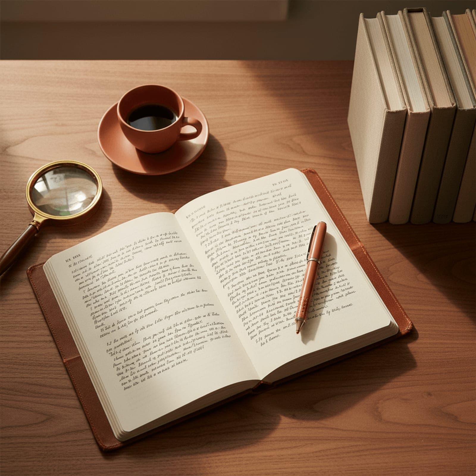A folded newspaper masthead beside a laptop showing an AI assistant's answer, a terracotta pen resting across an open notebook of research