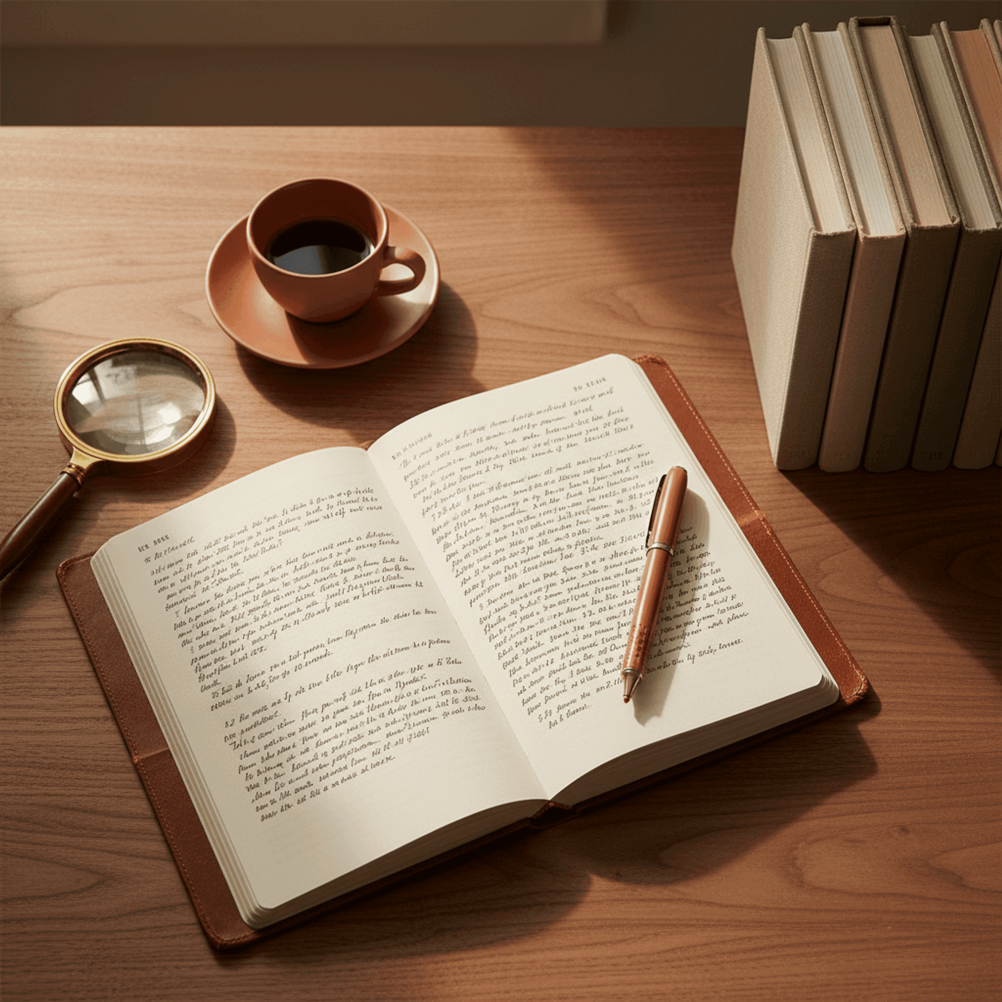 A journalist's walnut desk at work — open notebook with handwritten margin notes, terracotta pen, brass magnifying glass, espresso cup, and a stack of cloth-bound books, lit by warm window light