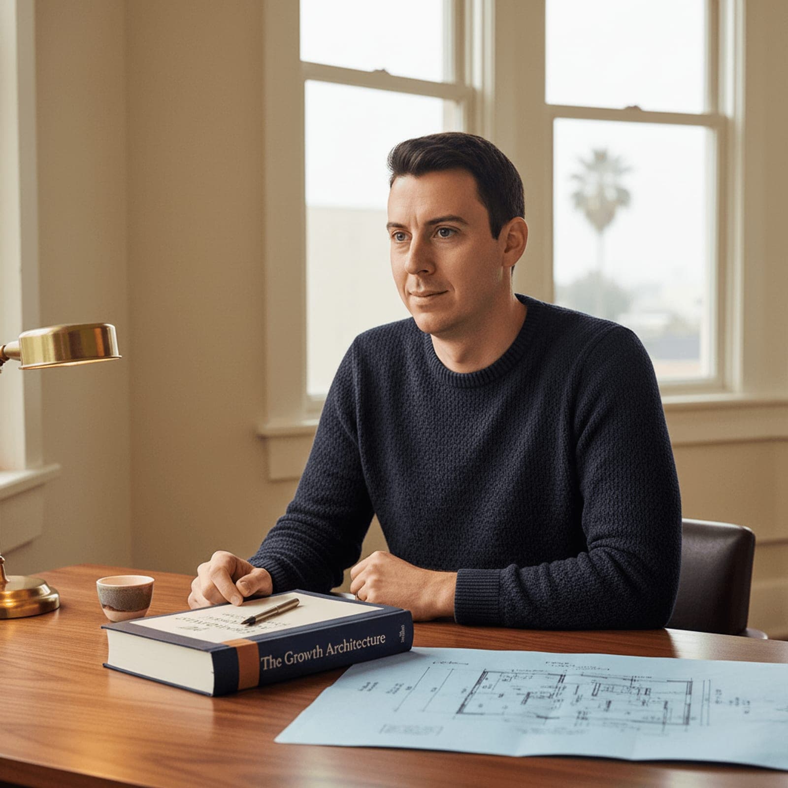A founder's workspace — an open notebook, a marked-up printout of an AI search result, and a terracotta pen resting across the page