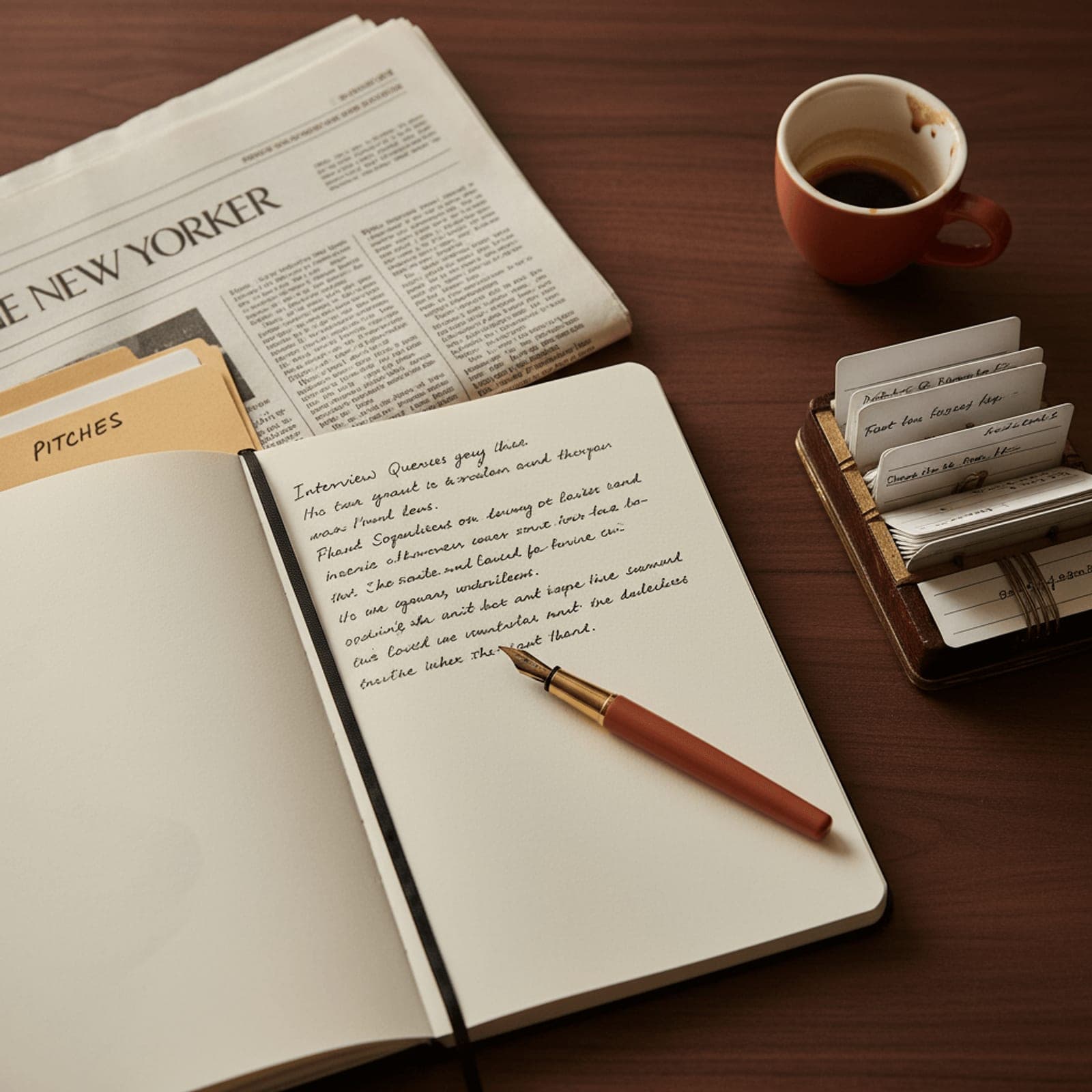 An operator's desk — a printed prompt set marked up in terracotta ink, a laptop showing a model's answer, and index cards sorting citation sources by engine