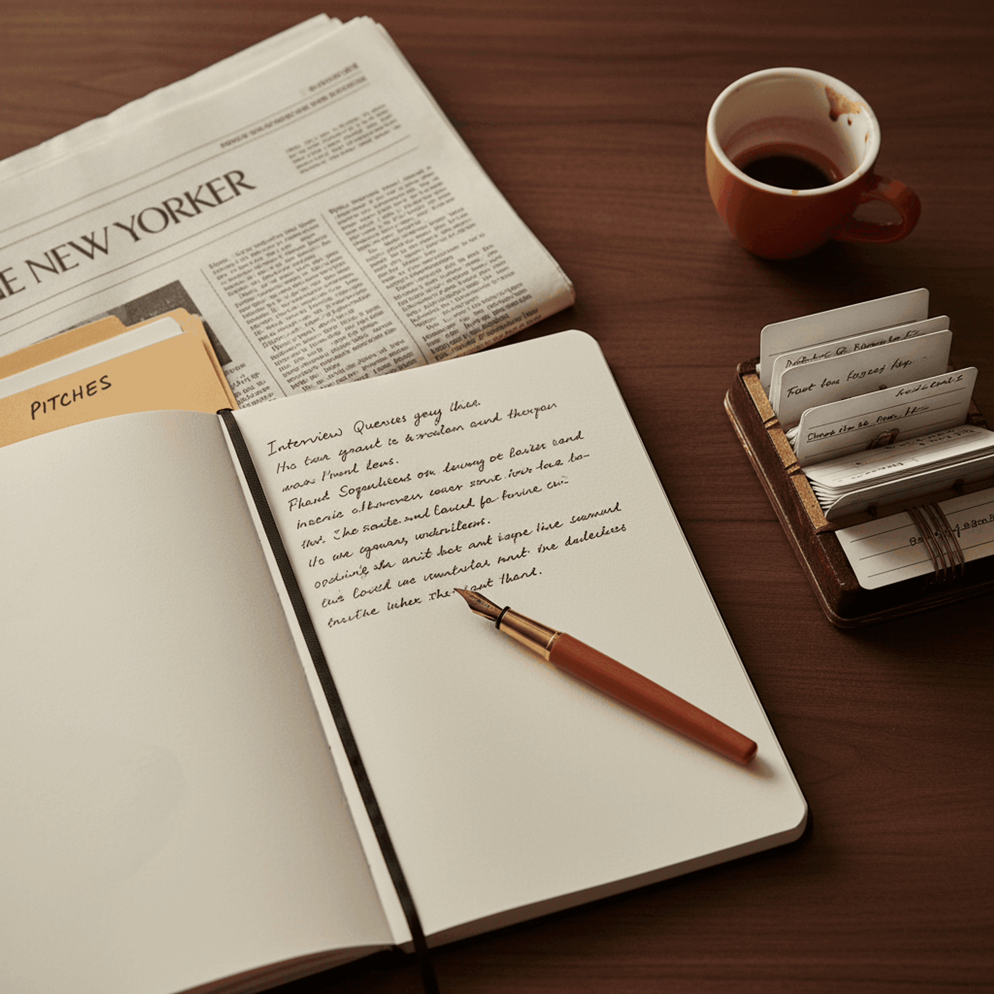 A journalist's desk — folded broadsheet, handwritten interview notes, rolodex cards pulled out, and a terracotta fountain pen resting across the notebook