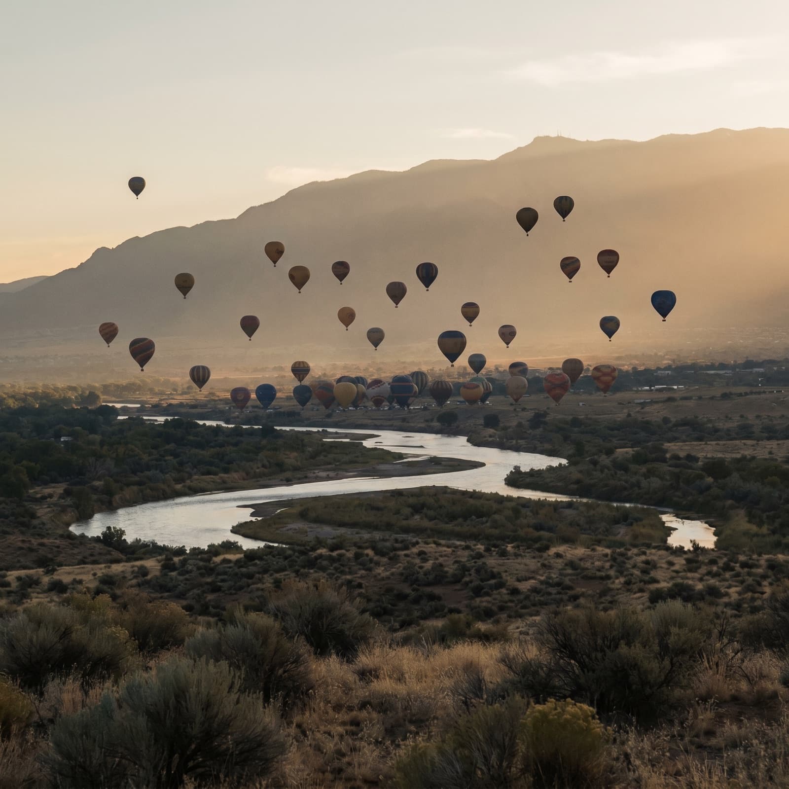 Albuquerque, NM — Mass ascension of hot-air balloons over the Rio Grande at dawn, Sandia Mountains behind