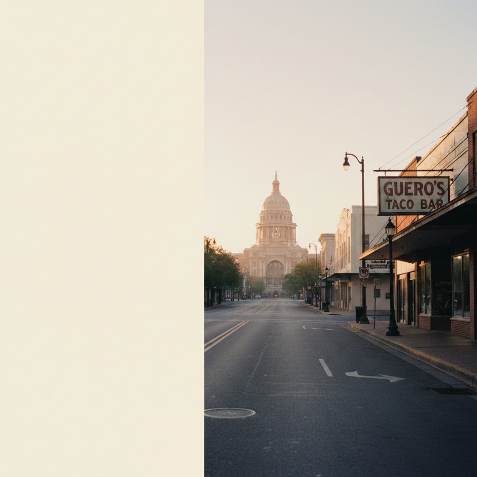 Austin, TX — South Congress Avenue at dawn looking north, the Texas State Capitol dome framed at the end of the road in soft pink light, the Continental Club marquee dark on the right, no cars, no people, the Hill Country dryness in the air.