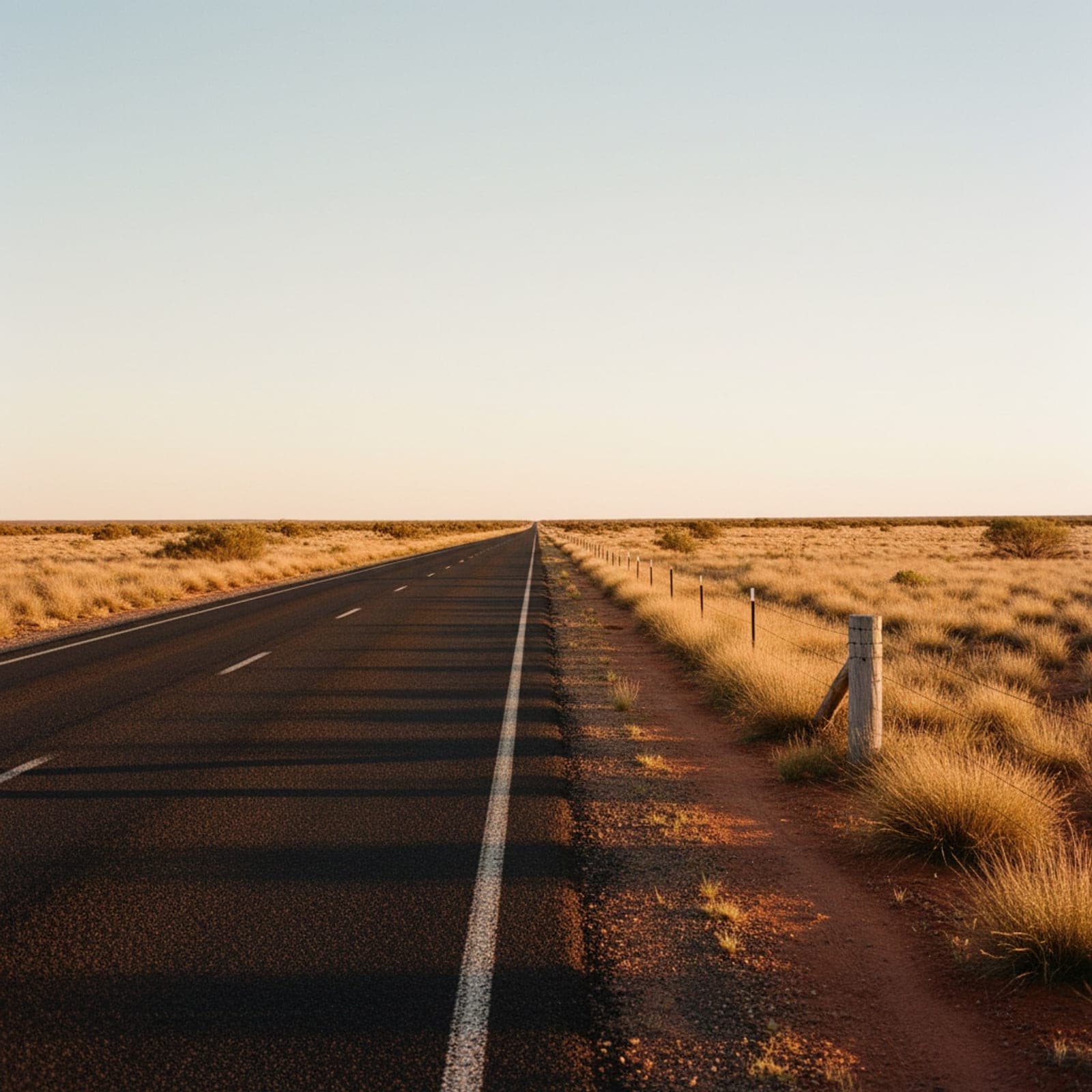 Australia (National) — A wide aerial-side view of inland Australia at golden hour — red earth, scattered eucalypt, the thin dark thread of a single bitumen road running off into the distance. No landmarks, no recognisable city. Restrained, deeply Australian, the visual equivalent of 'we know this country'.