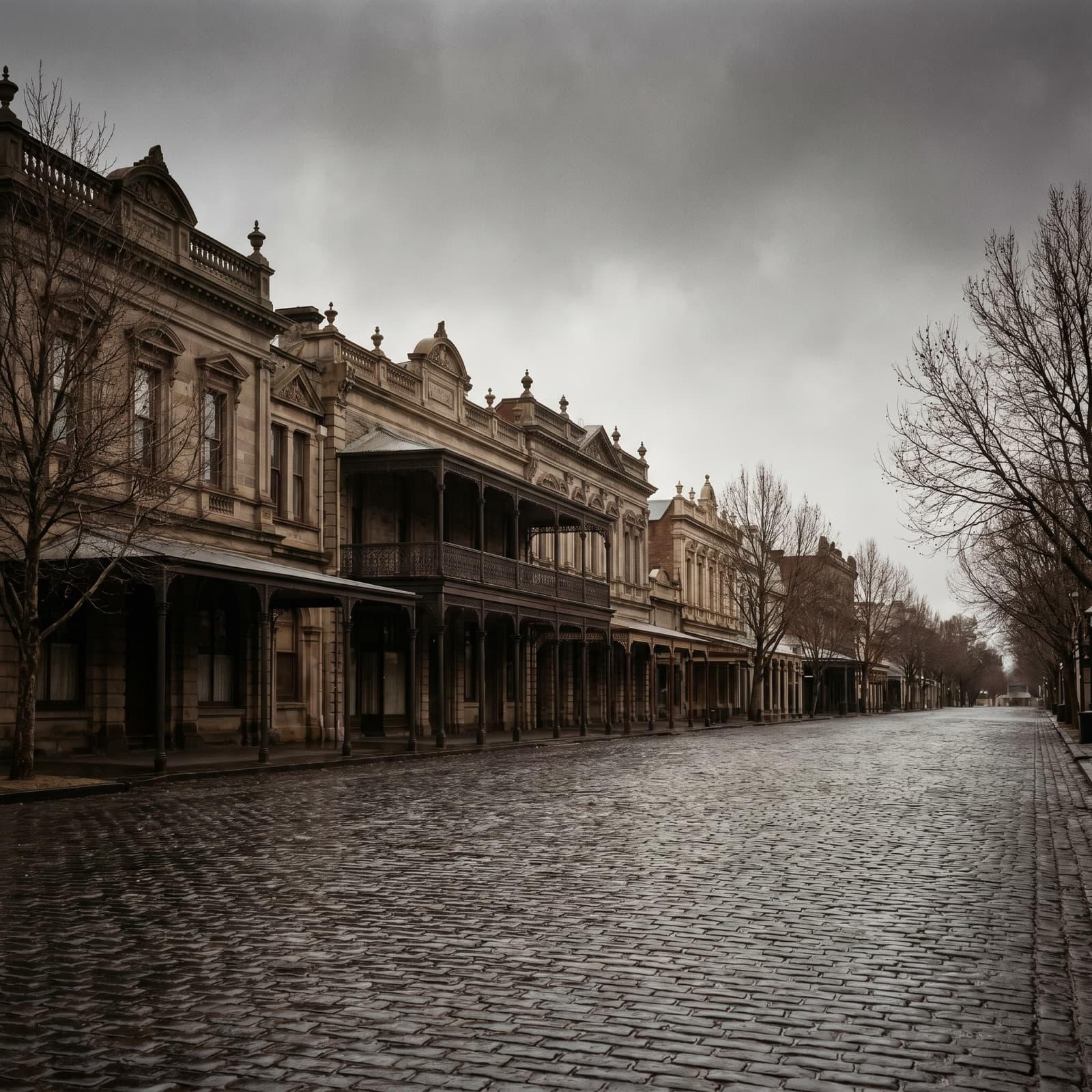 Ballarat, VIC — Lydiard Street's heritage streetscape and the Ballarat sign in winter, with Sovereign Hill and the goldfields backdrop under a low grey sky