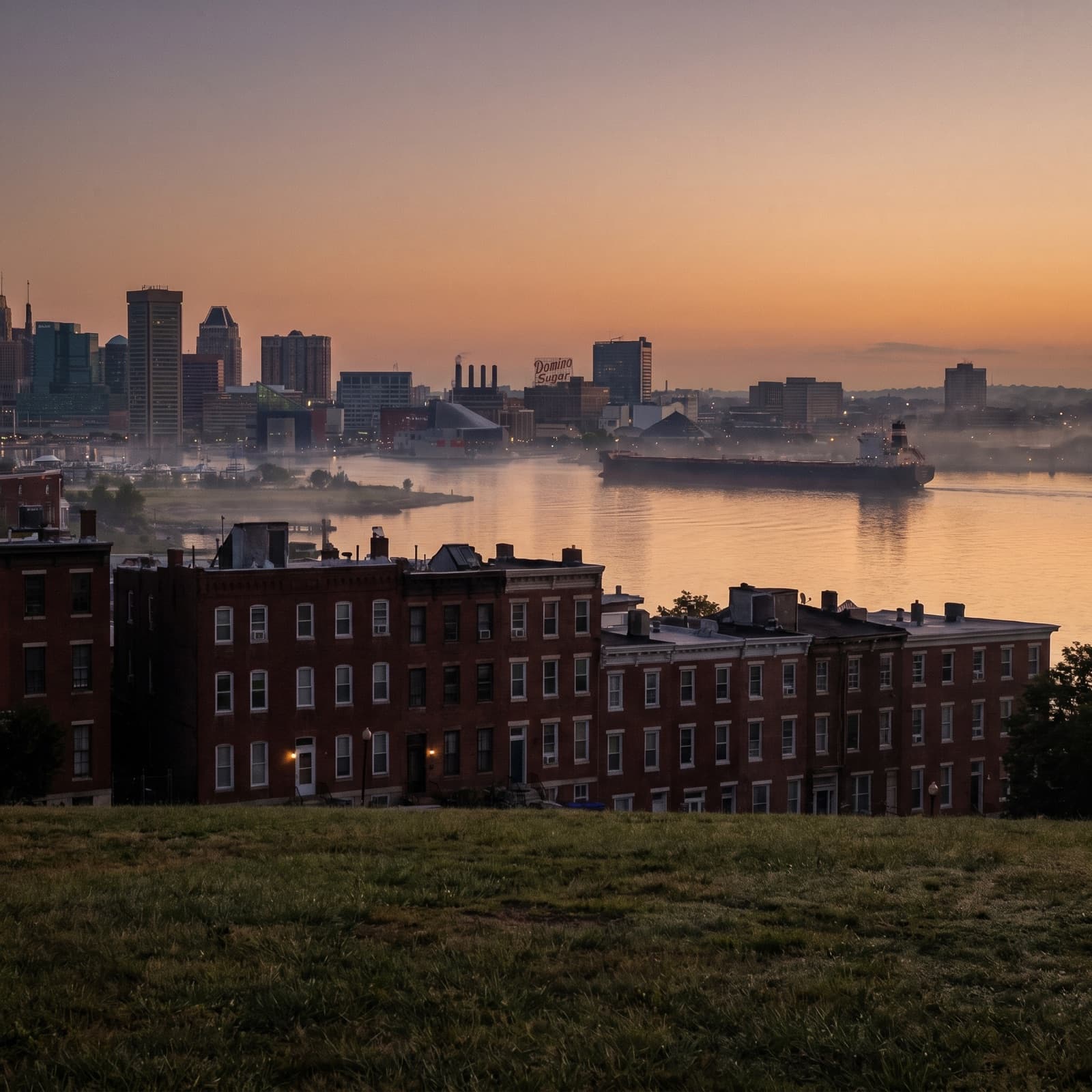 Baltimore, MD — Inner Harbor at dusk from Federal Hill, the Domino Sugar sign glowing red across the water, brick rowhouse silhouettes and the downtown skyline midground, a cargo ship in the channel beyond Fort McHenry, warm fading light on the water, no people.