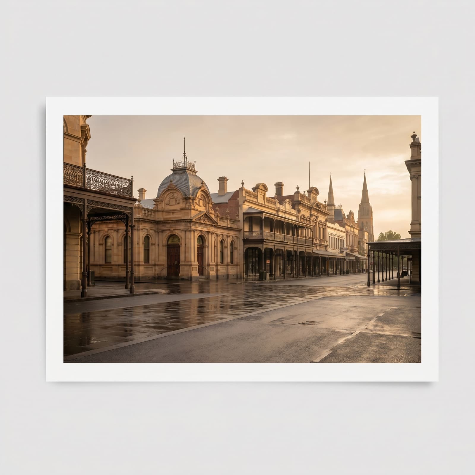 Bendigo, VIC — The Alexandra Fountain and Bendigo's heritage streetscape along Pall Mall at golden hour, sandstone and verandahs, restrained and editorial.