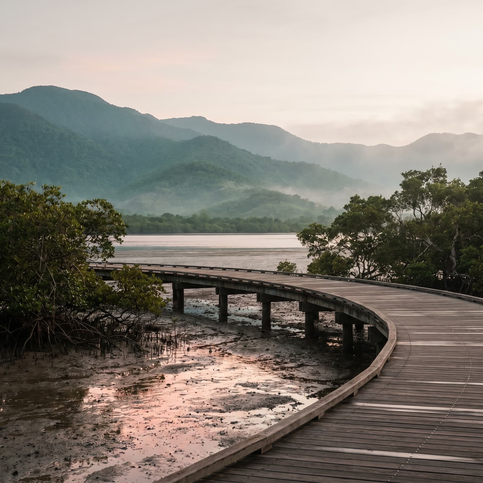 Cairns, QLD — The Cairns Esplanade boardwalk at first light, looking north across Trinity Inlet to the rainforest-covered ranges, mudflats and mangroves in the foreground catching the early colour, a single fishing tinnie on the water. Long lens, wide aspect, humid tropical haze softening the hills — no postcard aerial reef shot.