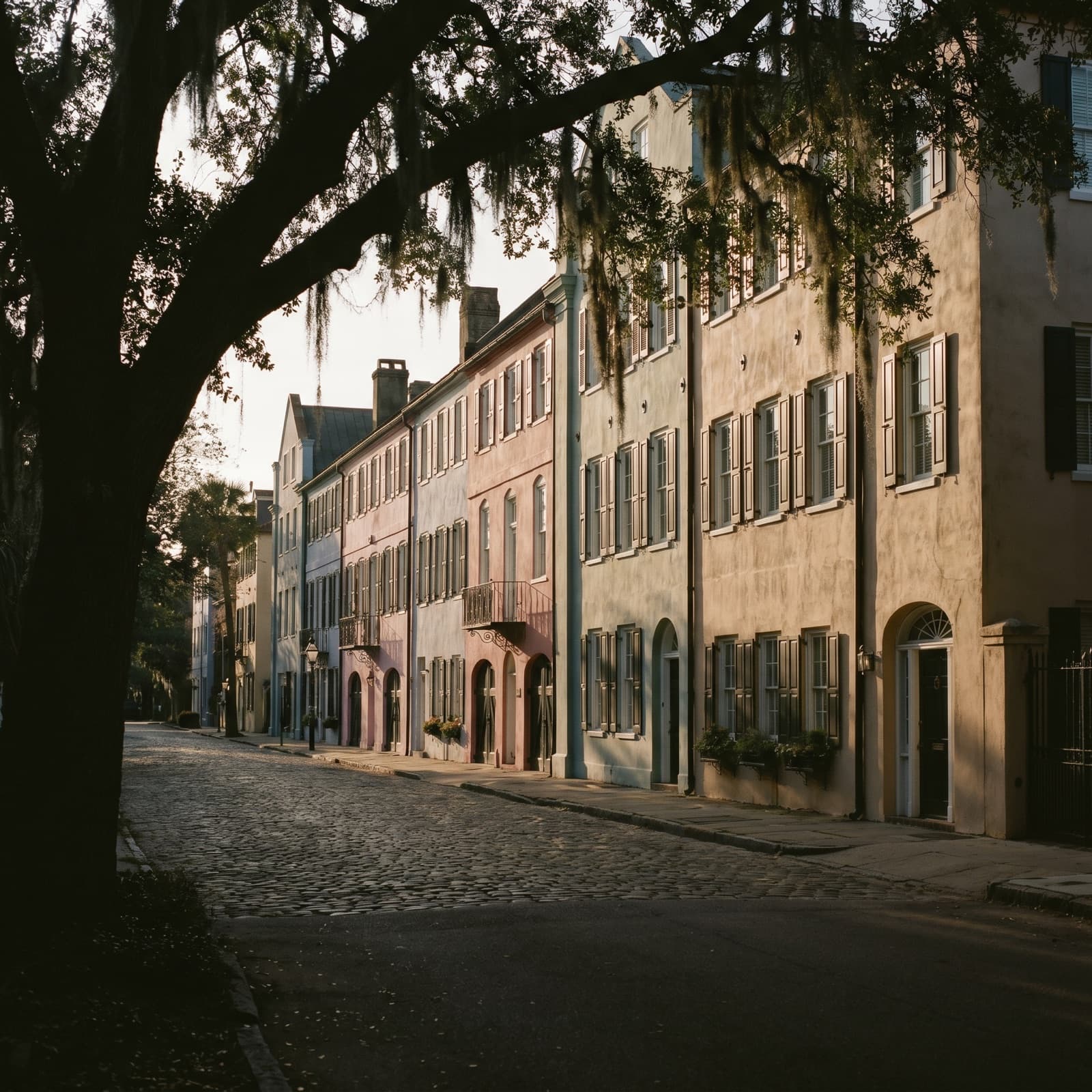 Charleston, SC — Rainbow Row's pastel antebellum facades along East Bay Street at early morning, warm low light raking across the stucco, the cobblestone and a single live oak in soft foreground shadow, the harbor implied just out of frame, no tour groups, no carriages, the quiet residential angle a local catches on an early walk before downtown wakes up.