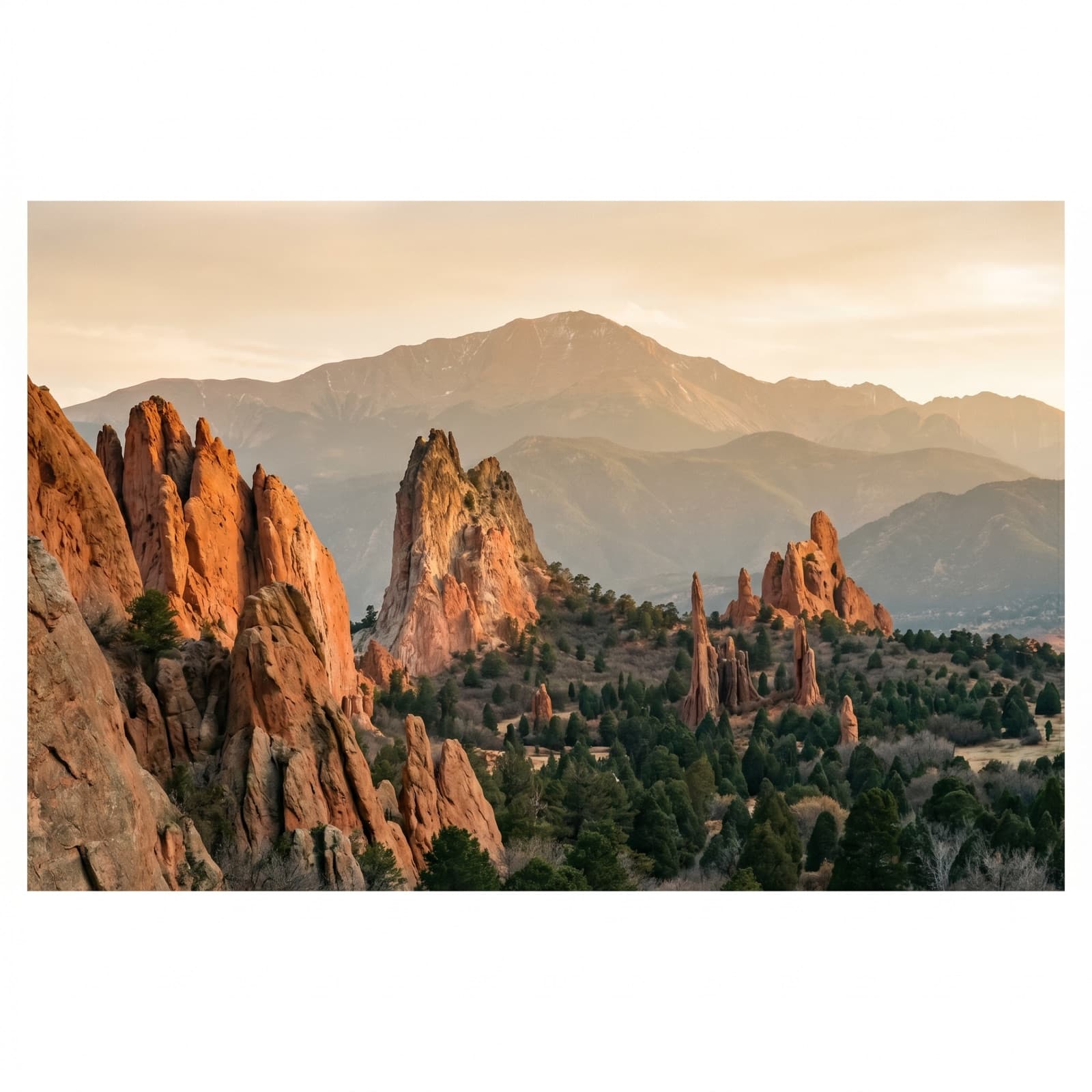 Colorado Springs, CO — Garden of the Gods spires under Pikes Peak