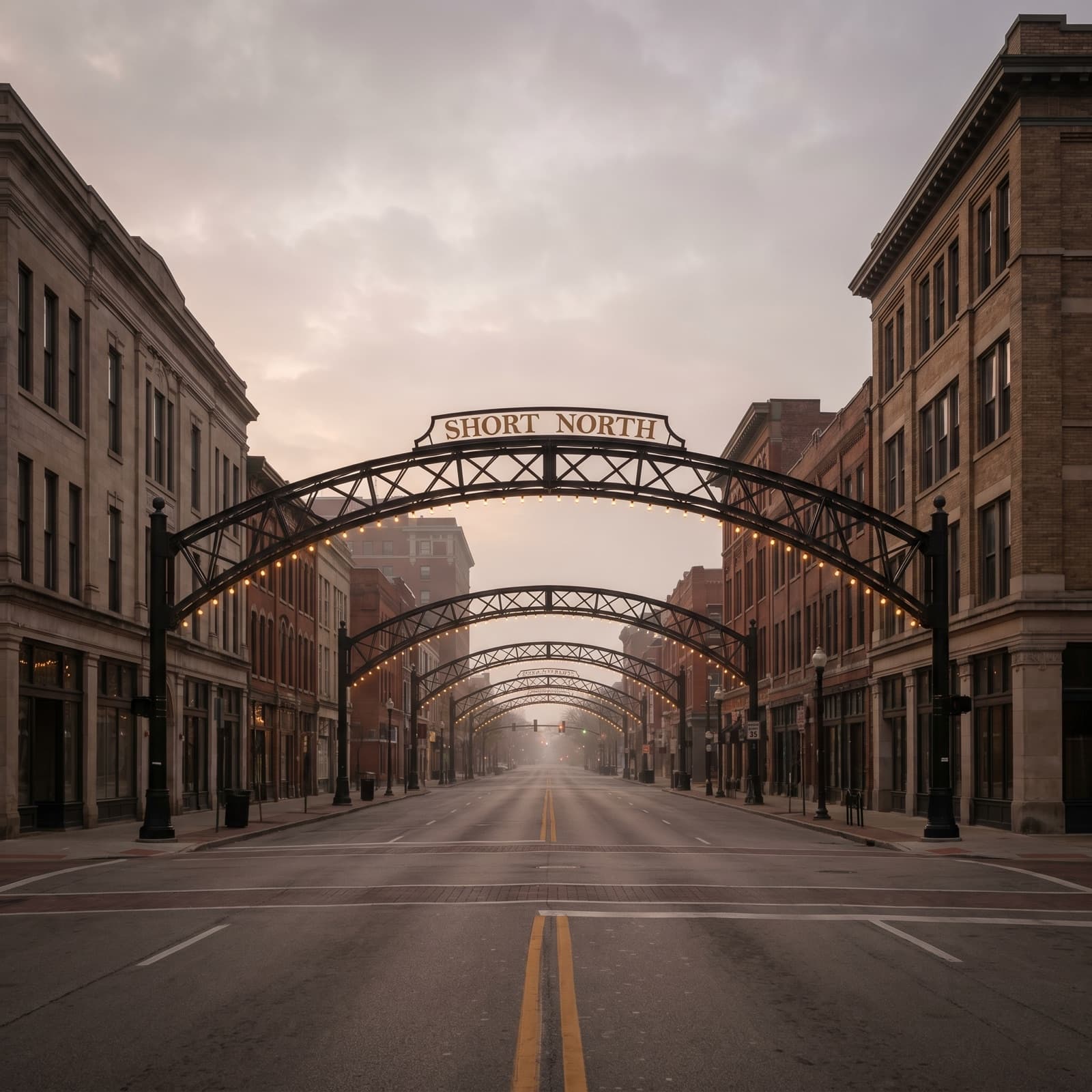 Columbus, OH — Short North arches glowing over High Street at dusk