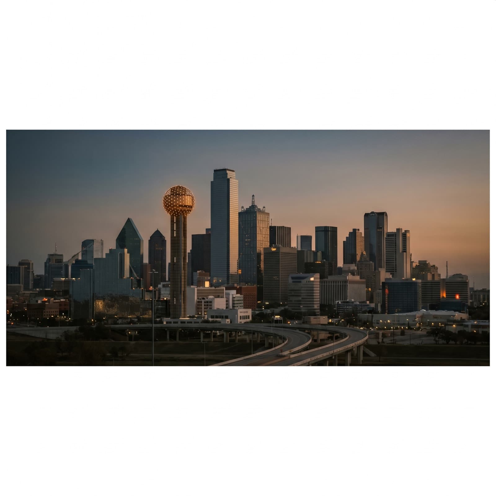Dallas, TX — Reunion Tower glowing at dusk