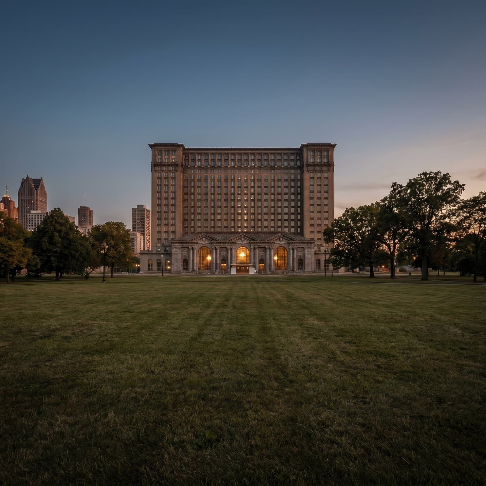 Detroit, MI — Restored Michigan Central Station at dusk from Roosevelt Park, Corktown