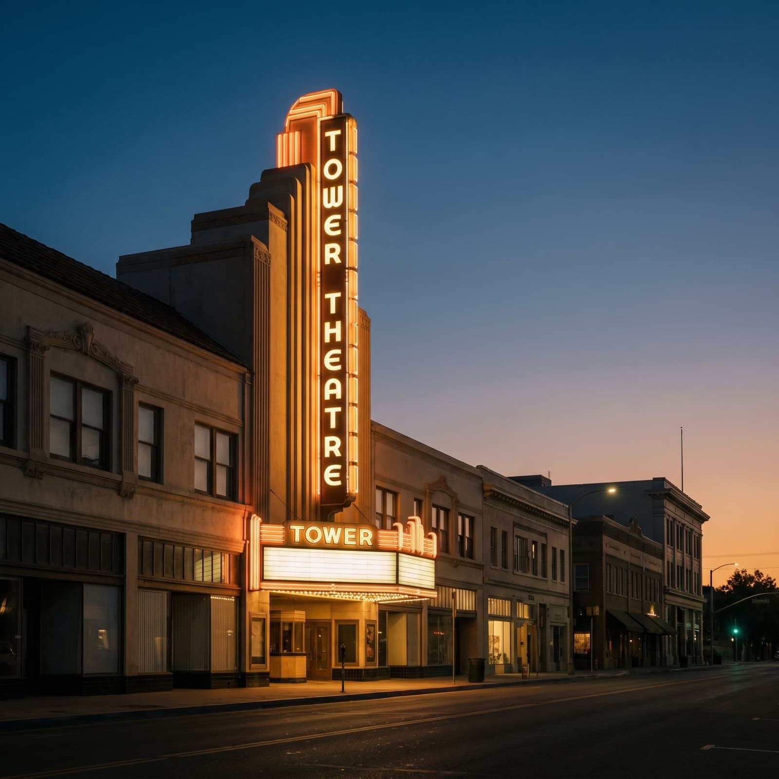 Fresno, CA — The Art Deco Tower Theatre marquee on Olive Avenue at dusk, its vertical TOWER sign and neon just warming up against a deep Central Valley sky, the quiet 1930s storefronts of the Tower District stretching down the block, no crowd, the everyday street-level view a Fresno local actually knows.