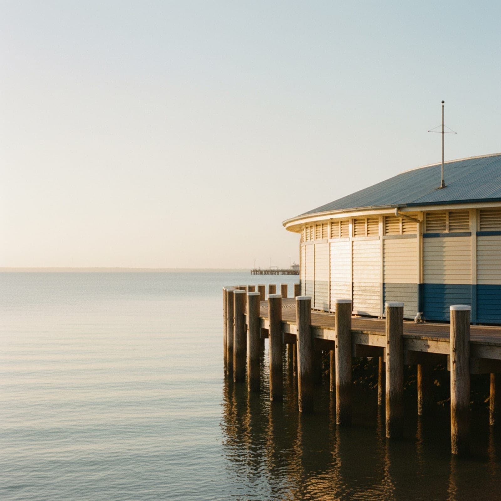 Geelong, VIC — The Geelong waterfront promenade at early morning, Cunningham Pier extending into Corio Bay in soft warm side-light, the timber boardwalk catching the sun, You Yangs visible faintly across the bay. Editorial calm, no busyness, no Melbourne-by-association.
