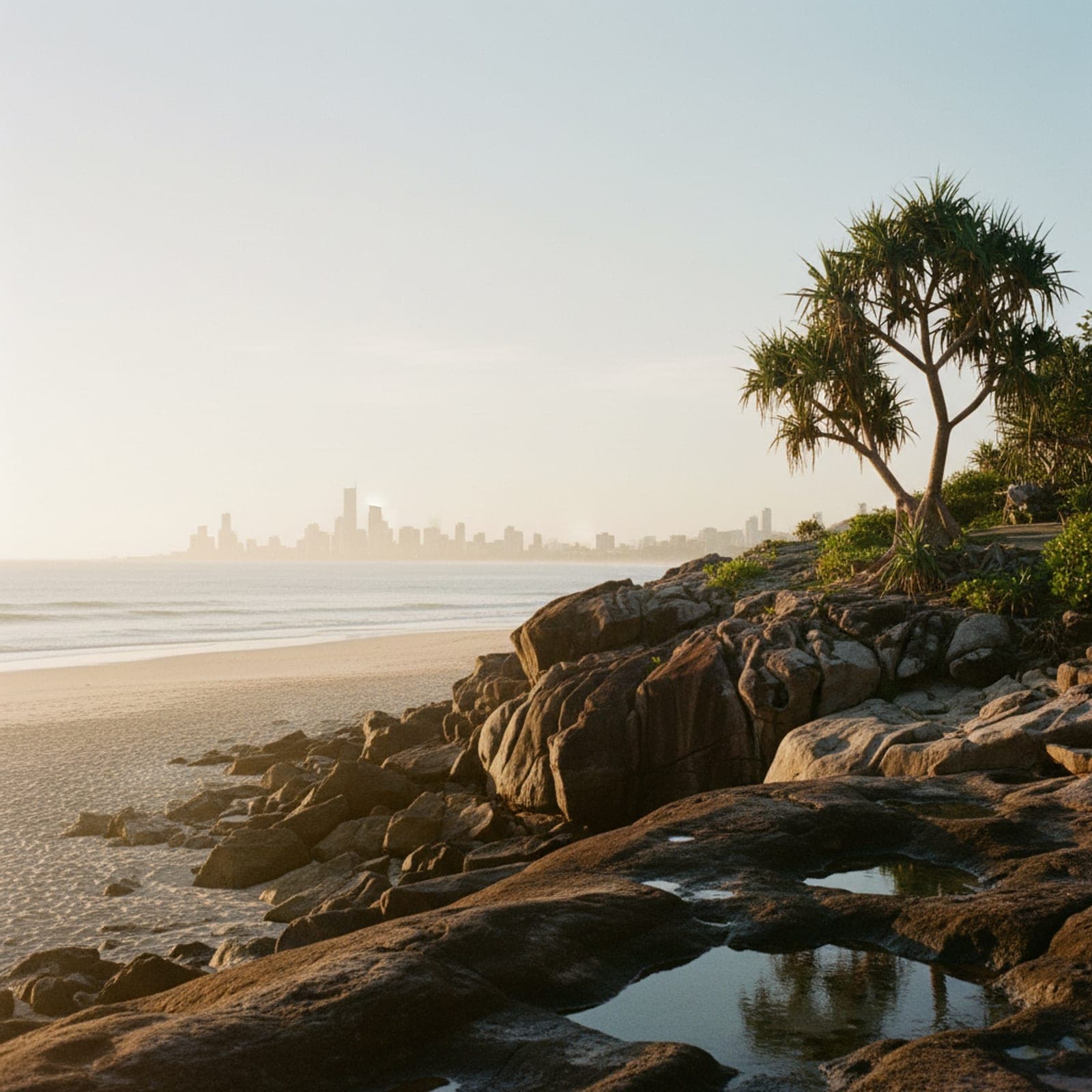 Gold Coast, QLD — Surfers Paradise skyline at dusk, viewed from the southern Coolangatta sandbar with the curve of the coast pulling the eye up the frame. Towers backlit by the last orange light, ocean foreground in deep teal, a single set of footprints in the wet sand. Long lens compression, wide aspect, no cliché aerial shot.