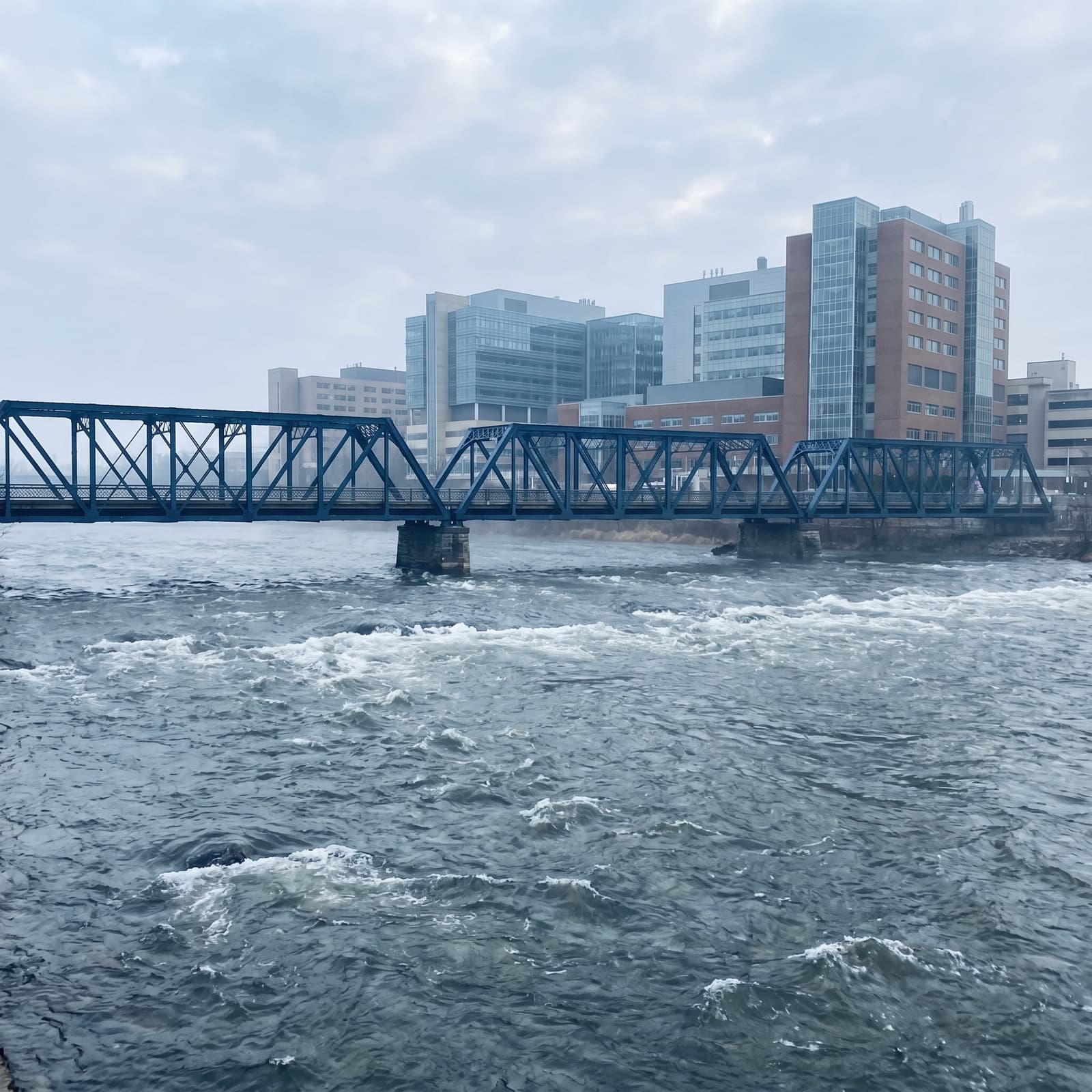 Grand Rapids, MI — The Grand River rapids and Blue Bridge below the downtown Medical Mile skyline