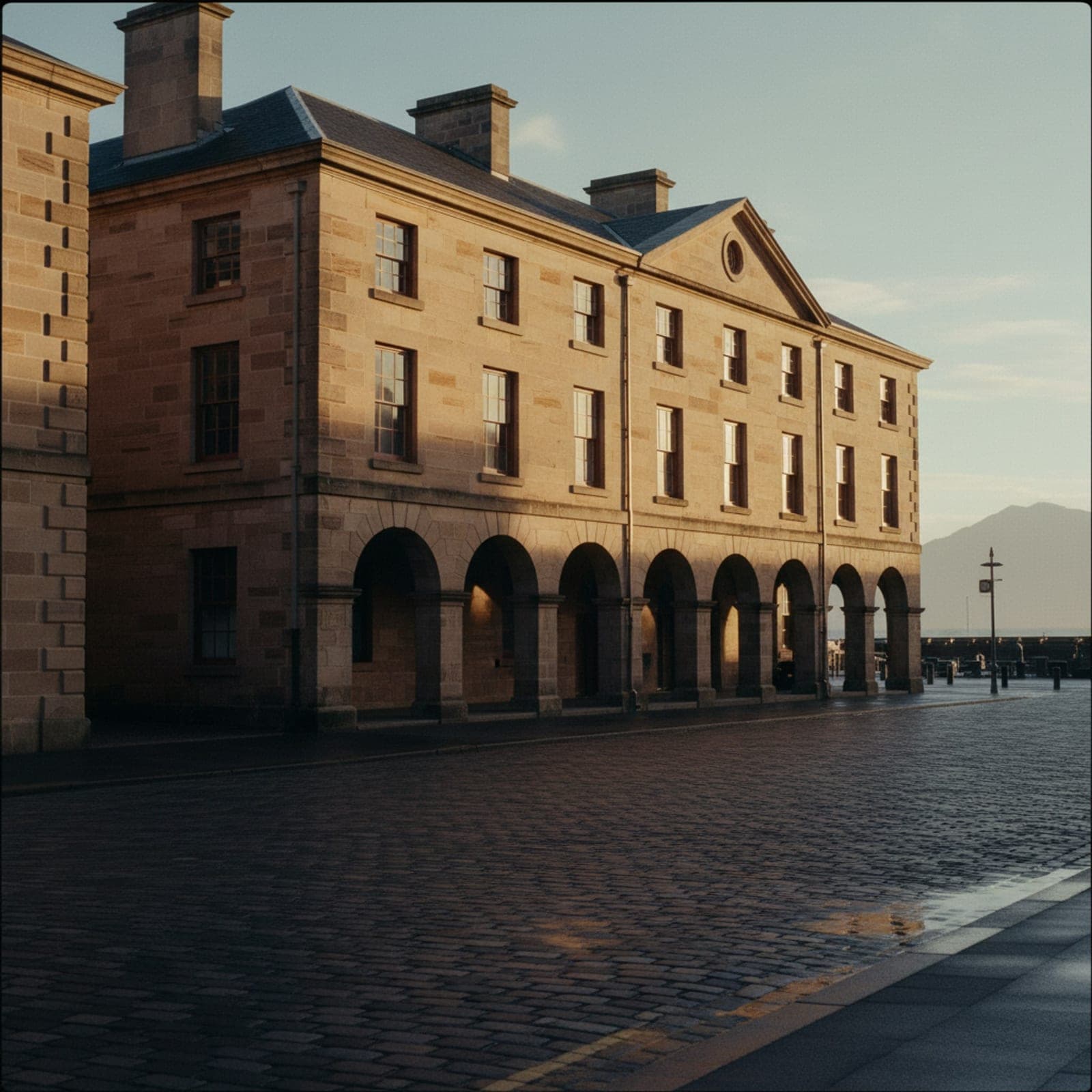 Hobart, TAS — Salamanca Place at first light, Georgian sandstone warehouse facades catching cold morning sun, Mount Wellington dominating the background under low cloud, a single delivery van pulled up to a side door. Quiet, almost empty, no Saturday-market crowd, no MONA-styling cliché.