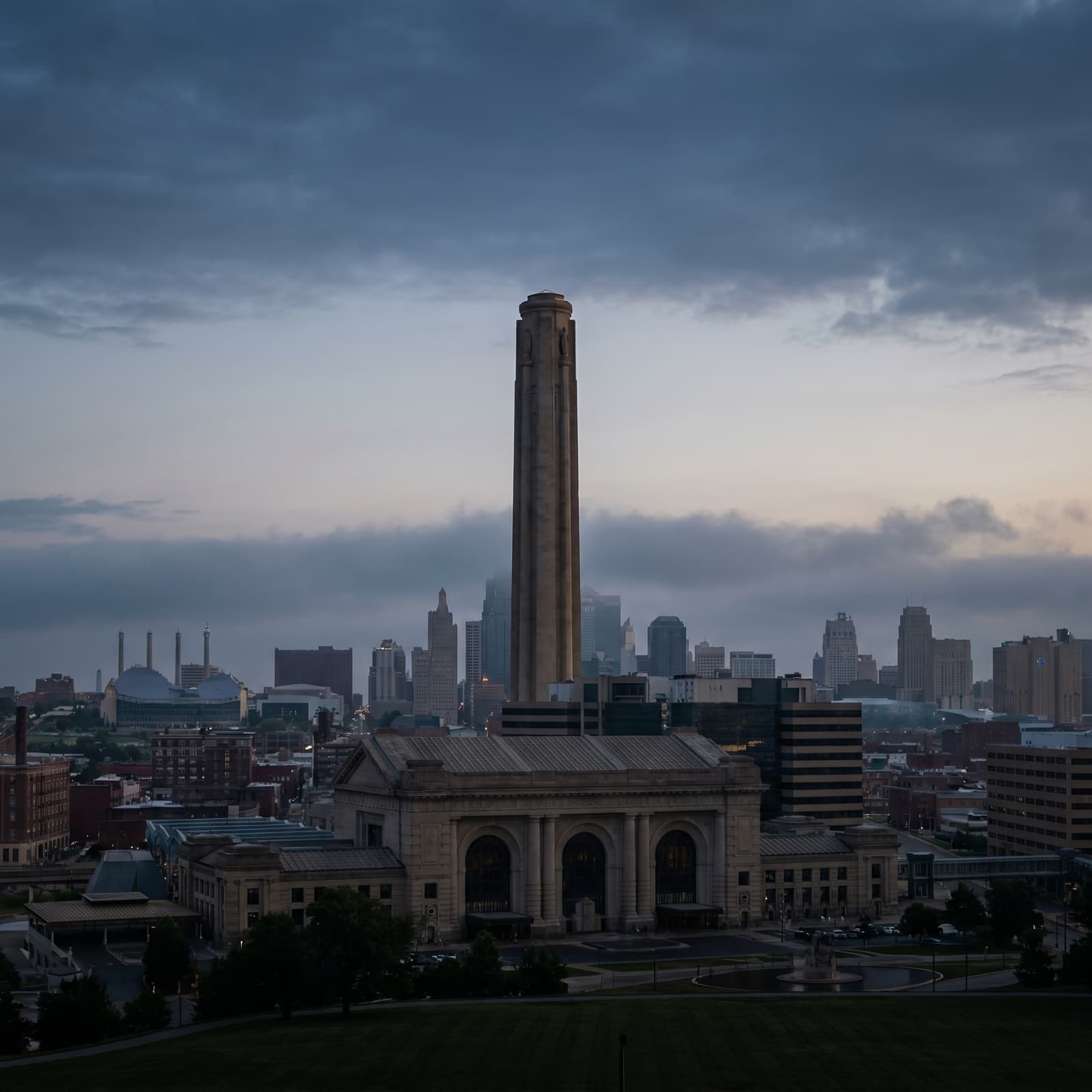Kansas City, MO — the Liberty Memorial tower above Union Station at dusk