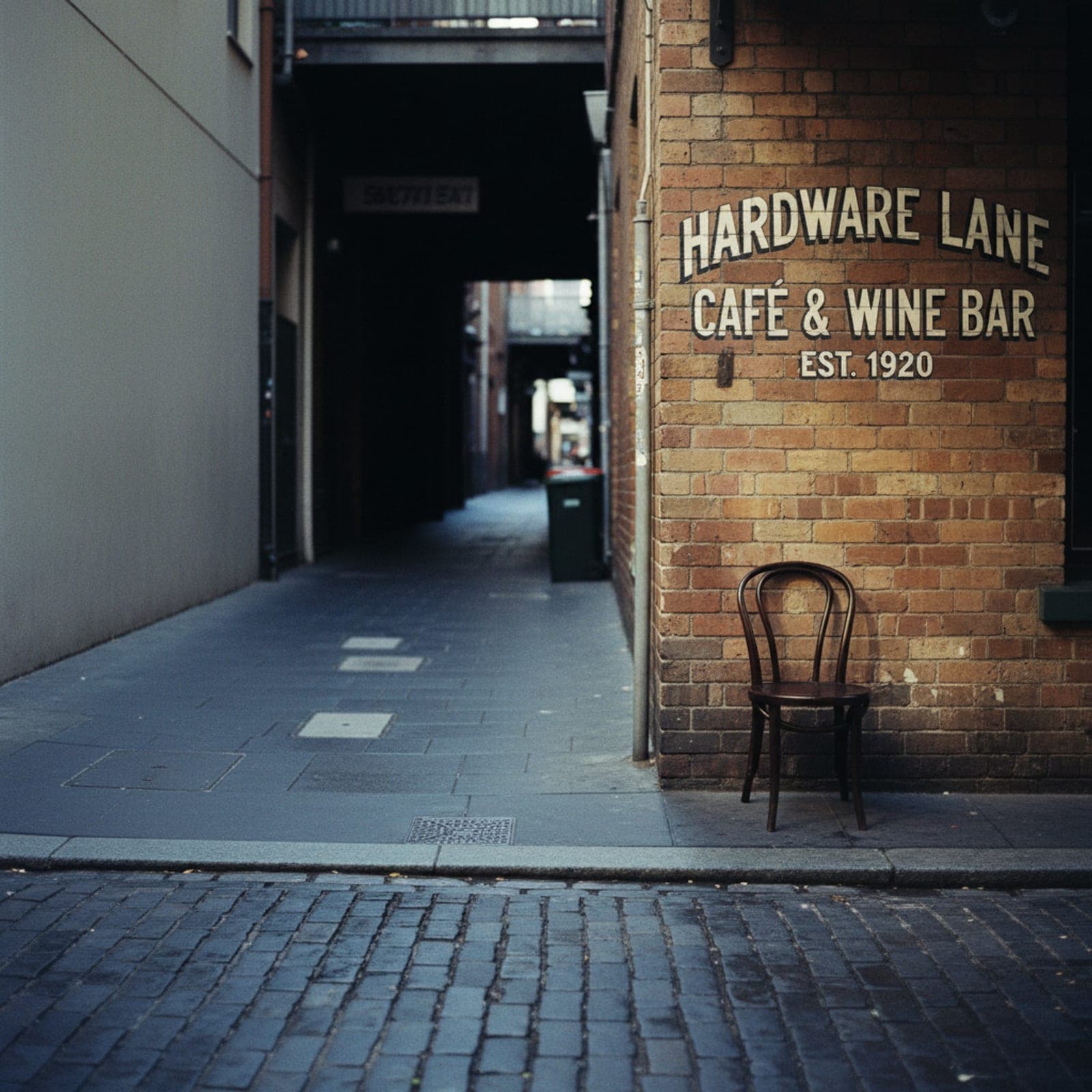 Melbourne, VIC — A narrow Melbourne CBD laneway in late-afternoon side-light, exposed brick on both sides, a single small café table catching the only sun, tram cables crossing the strip of sky overhead. Dusty atmospheric haze, muted palette, deeply Melbourne. No people in frame, no signage, no obvious tourist landmarks.
