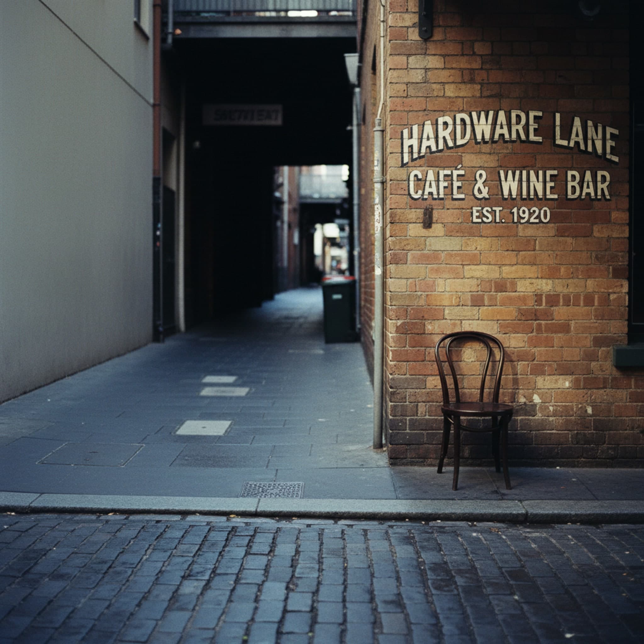 Melbourne, VIC — A narrow Melbourne CBD laneway in late-afternoon side-light, exposed brick on both sides, a single small café table catching the only sun, tram cables crossing the strip of sky overhead. Dusty atmospheric haze, muted palette, deeply Melbourne. No people in frame, no signage, no obvious tourist landmarks.