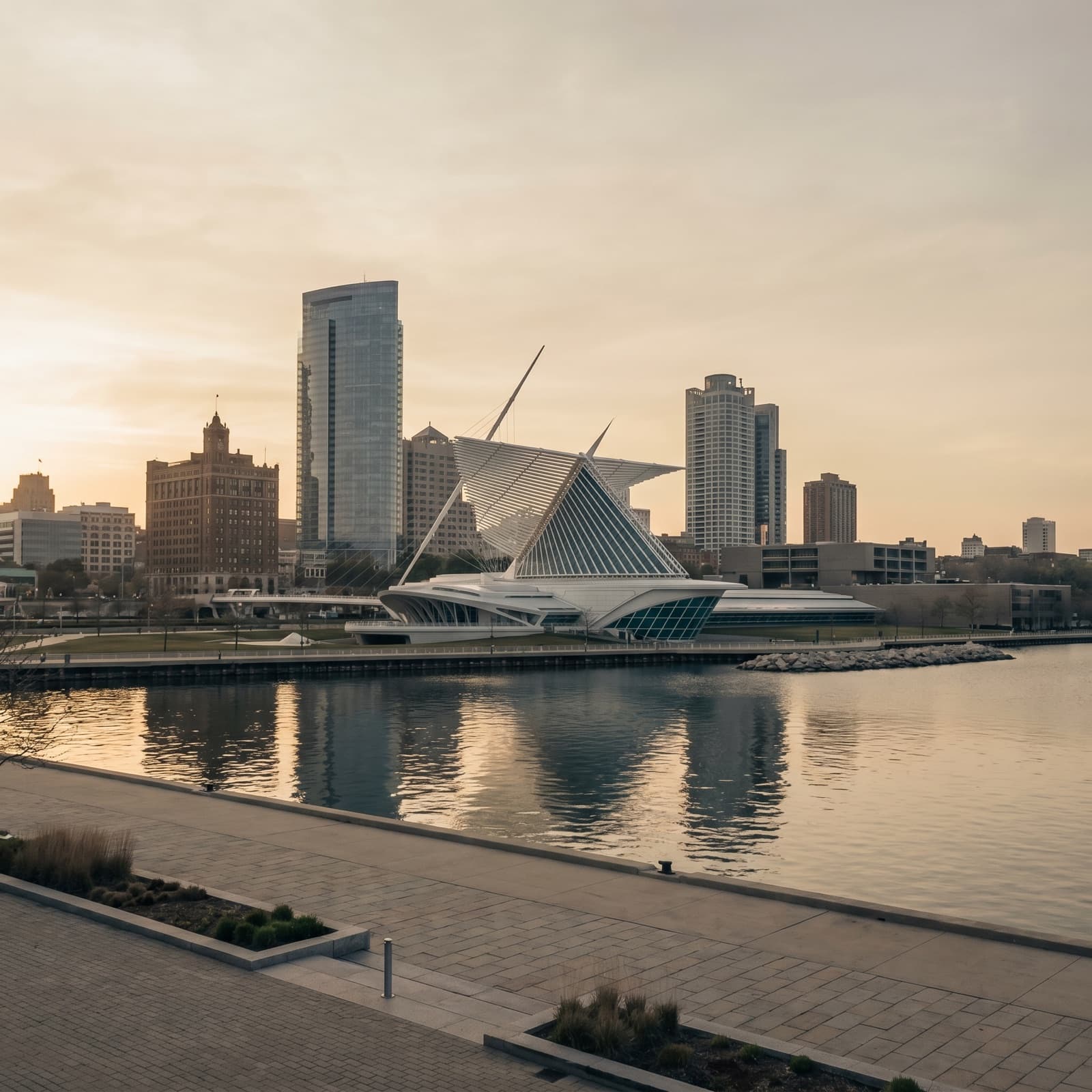Milwaukee, WI — Milwaukee Art Museum's Burke Brise Soleil wings open over Lake Michigan