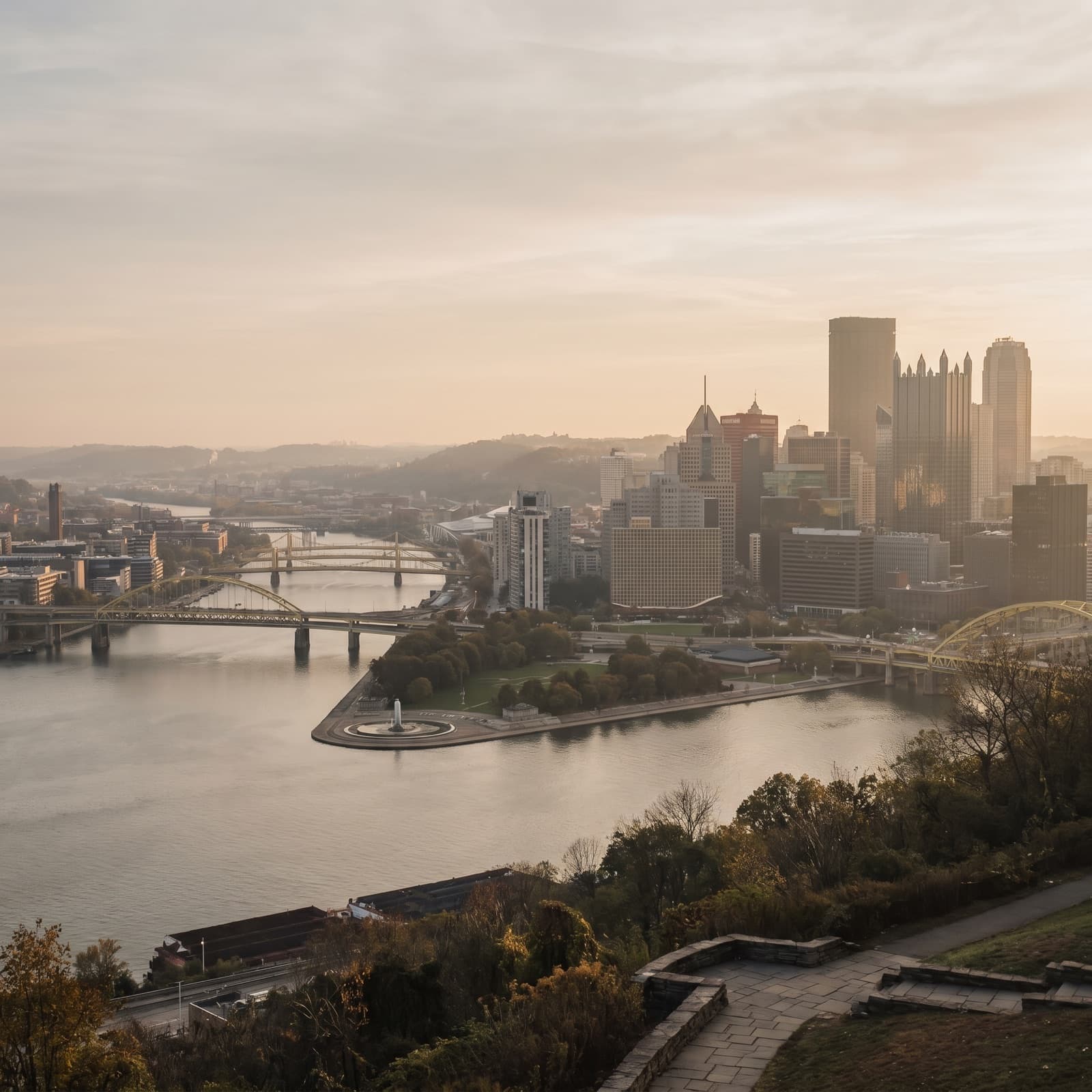 Pittsburgh, PA — The view from Mount Washington at golden hour, the Monongahela and Allegheny meeting at the Point, downtown's glass towers catching low light, the yellow trusses of the Roberto Clemente Bridge visible upriver, an inclined railway car on the slope in the foreground, no people.