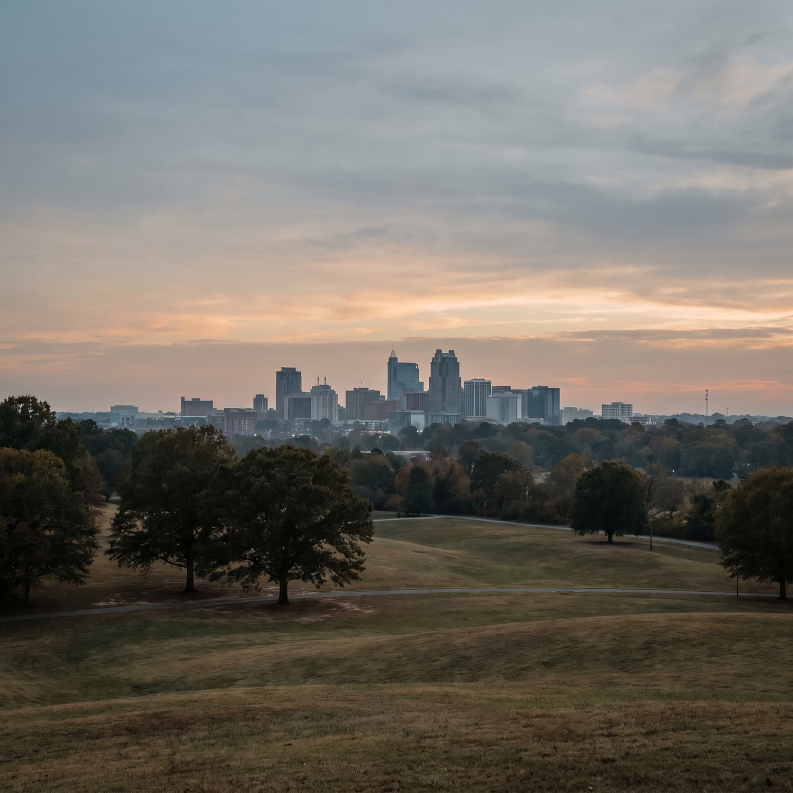 Raleigh, NC — Downtown Raleigh skyline from Dorothea Dix Park at dusk