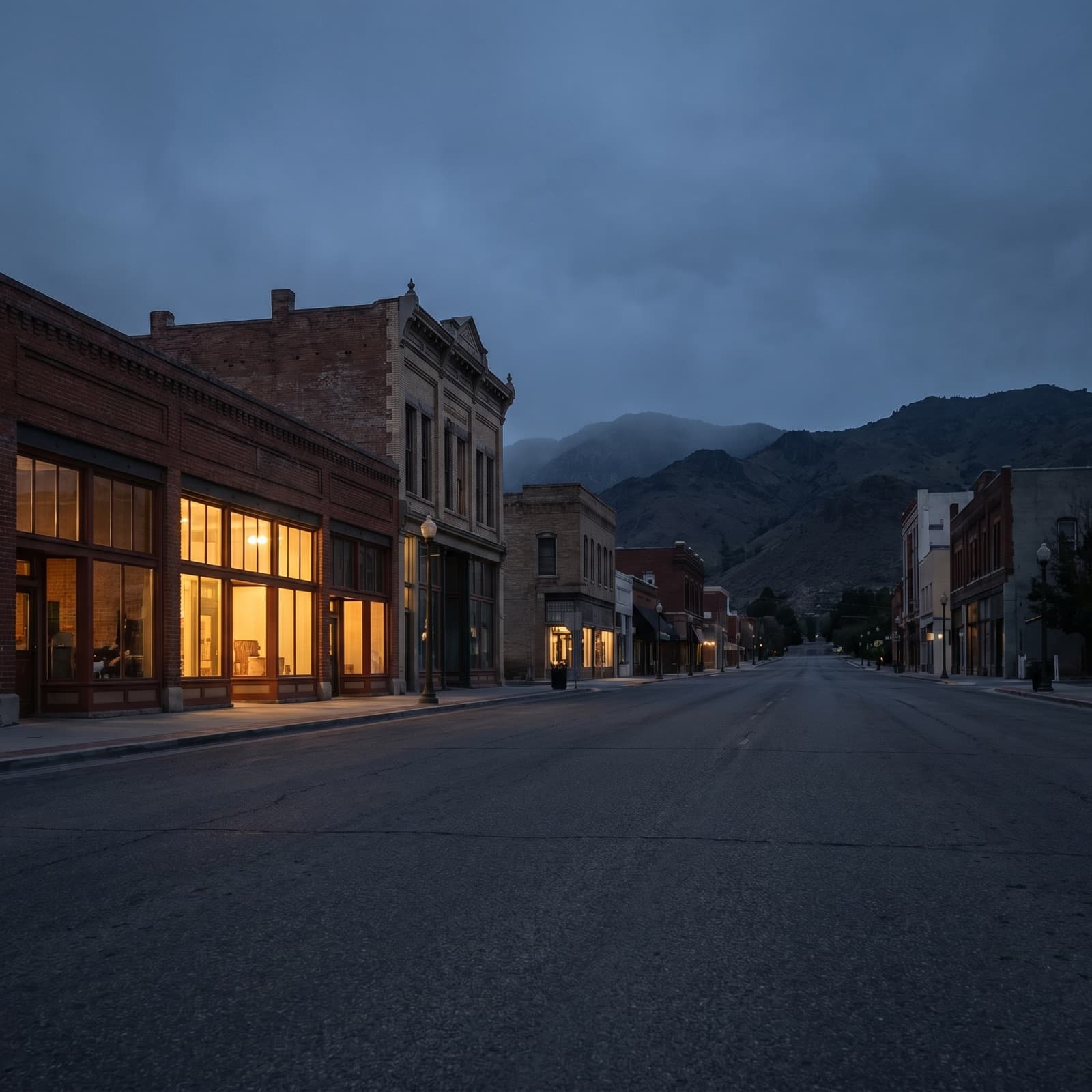 Reno, NV — The Reno Arch spanning Virginia Street downtown at blue hour, "The Biggest Little City in the World" lit in warm neon against a deep dusk sky, the dark silhouette of the Sierra Nevada foothills closing off the end of the street, no crowds, no traffic blur, the quiet everyday angle a local sees walking up Virginia, not the postcard.
