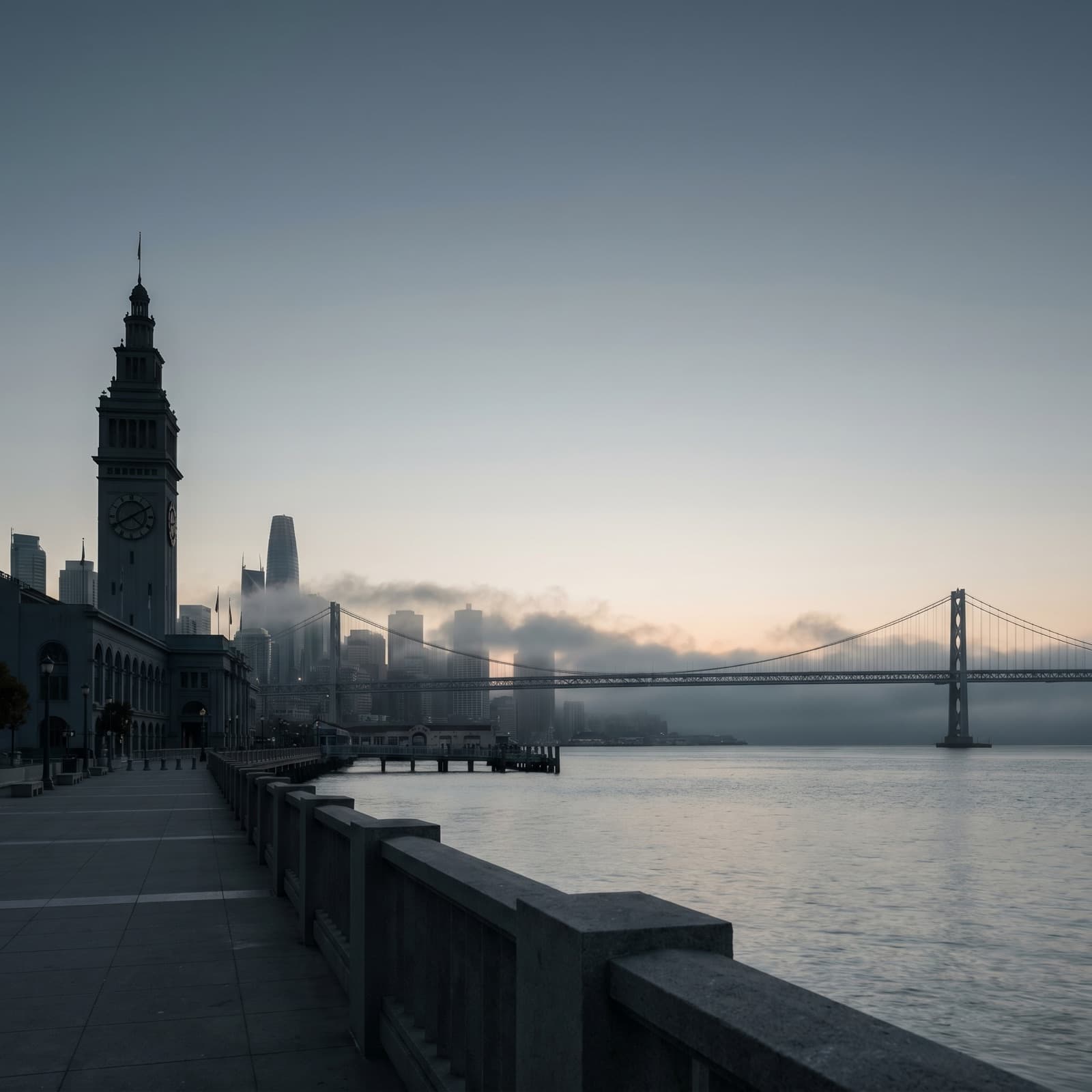 San Francisco, CA — Bay Bridge and the downtown skyline from the Embarcadero at first light, low fog burning off behind Salesforce Tower, the Ferry Building clock tower silhouetted in the foreground, a container ship sliding under the bridge span, cool blue-grey palette, no people.