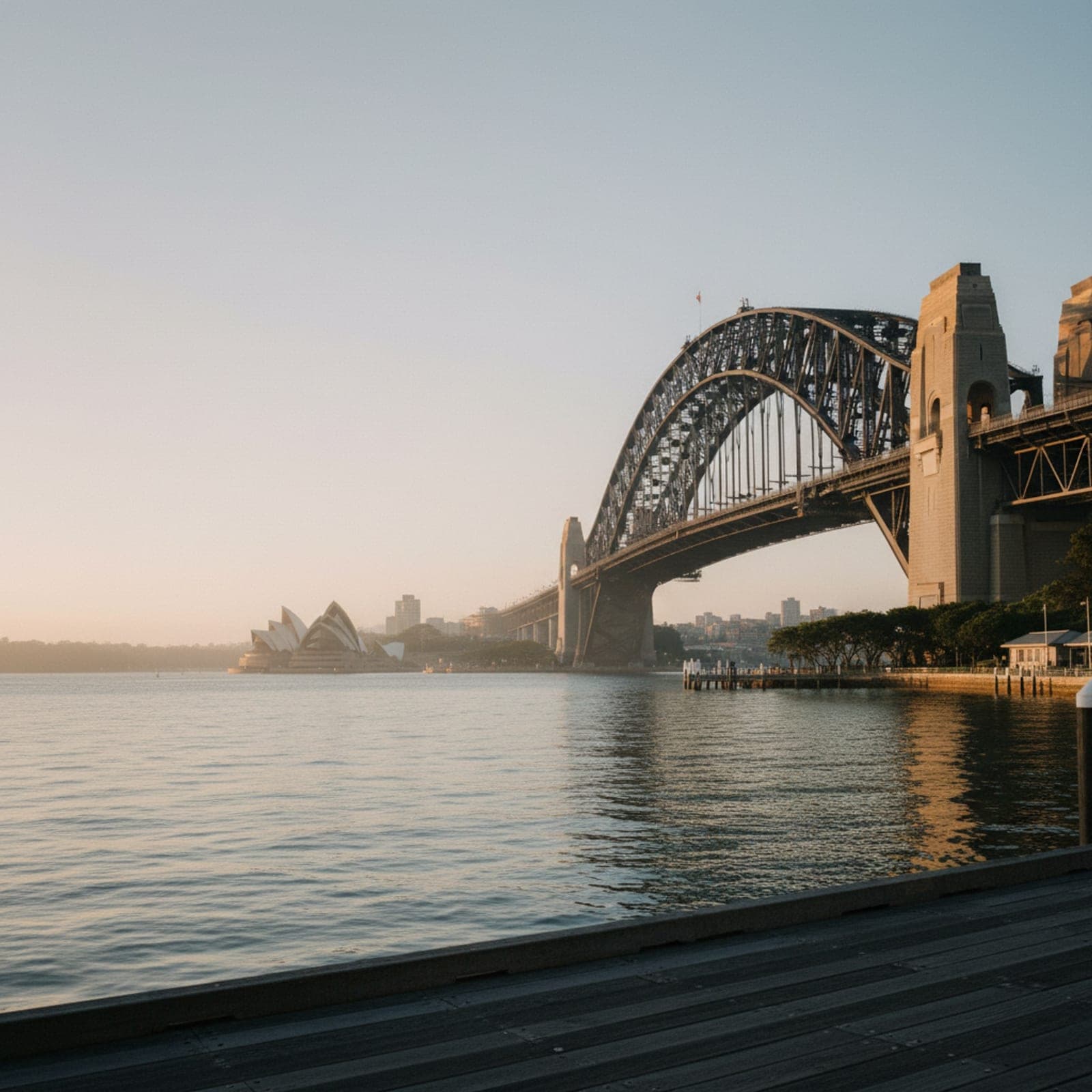 Sydney, NSW — Sydney Harbour seen from a quiet stretch of the eastern foreshore at first light, Harbour Bridge dominating the frame from a low oblique angle, Opera House sails just visible at the right edge in soft cool light. Water glassy and mauve. Restrained, almost editorial — not the postcard angle.
