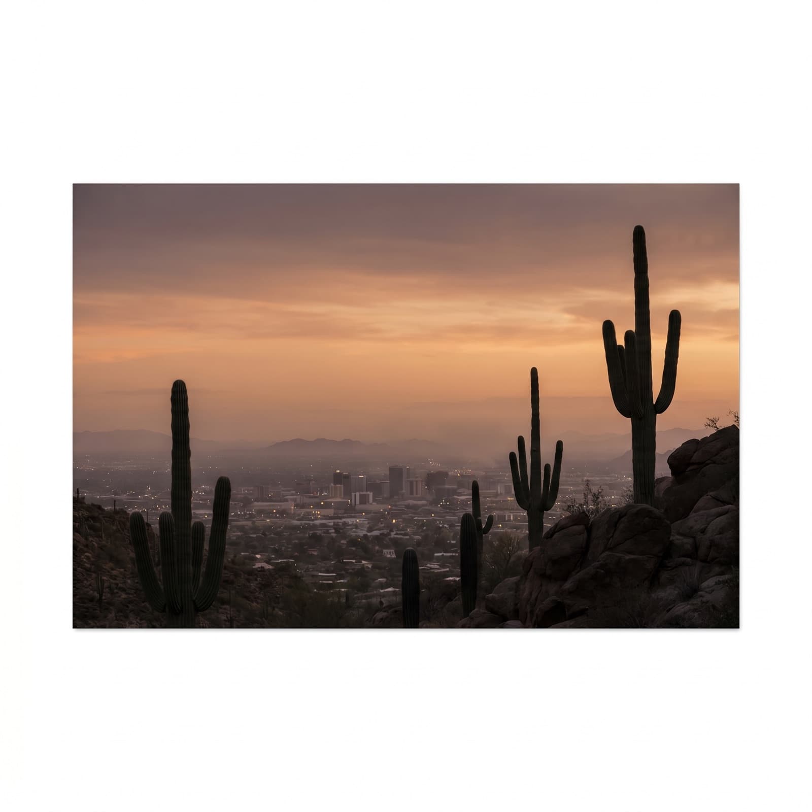 Tucson, AZ — Saguaro silhouettes at Gates Pass with the Tucson valley below at sunset