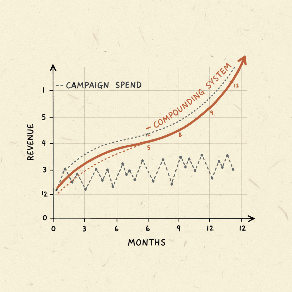 Hand-drawn editorial chart: flat baseline versus a compounding terracotta curve rising over twelve months