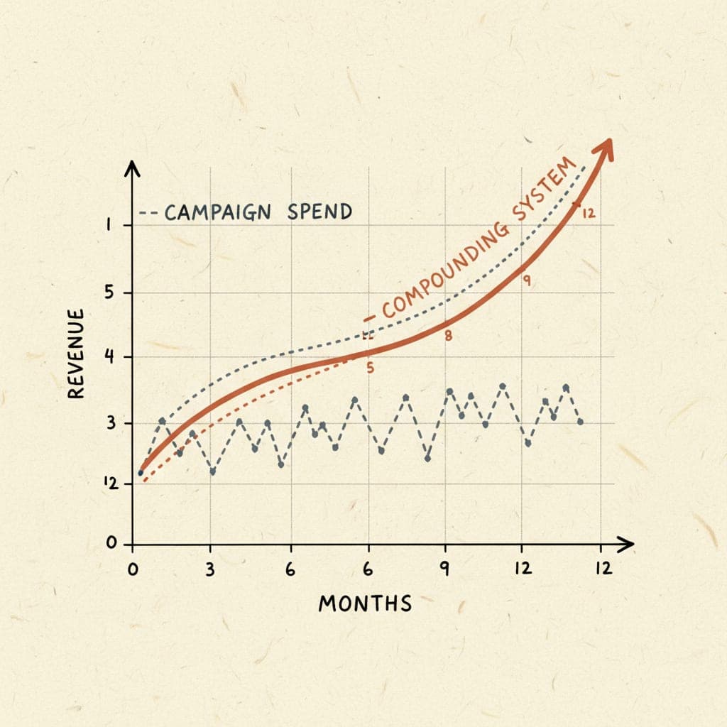Hand-drawn editorial chart: flat baseline versus a compounding terracotta curve rising over twelve months