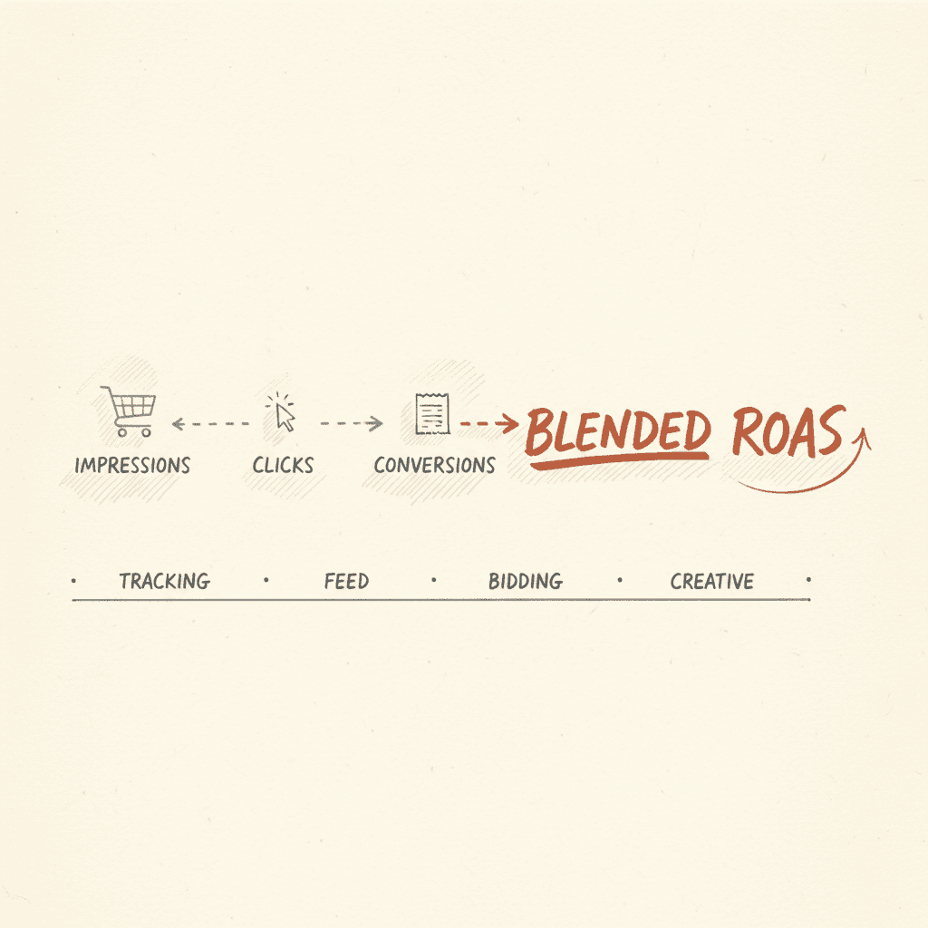 Hand-drawn editorial schematic: impressions → clicks → conversions → blended ROAS, with a confident terracotta curve sweeping into the final node