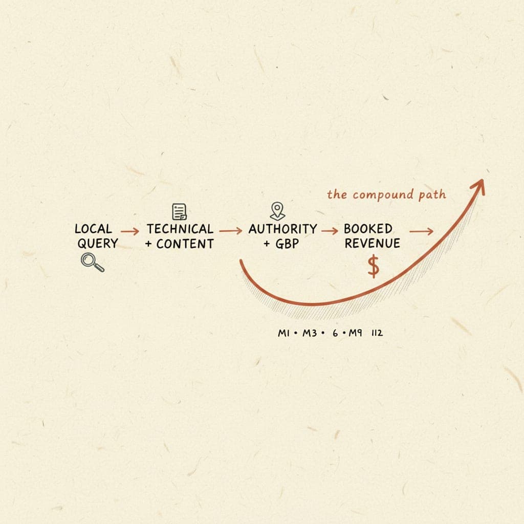Hand-drawn editorial schematic: how local search intent in Toowoomba flows from query to ranking to booked revenue — compounding over 12 months.