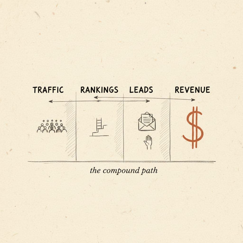 Hand-drawn editorial schematic showing the compound SEO path — traffic, rankings, leads, revenue — from the Xpand Digital playbook