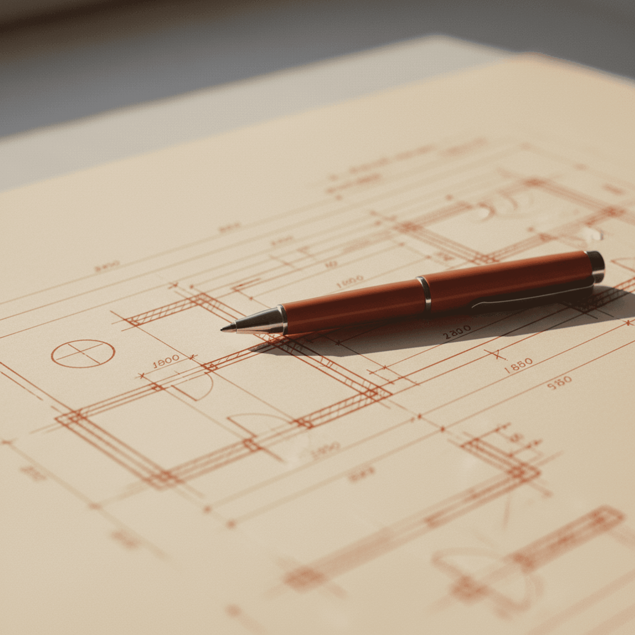 Close-up of architectural blueprints with a terracotta rollerball pen resting across them