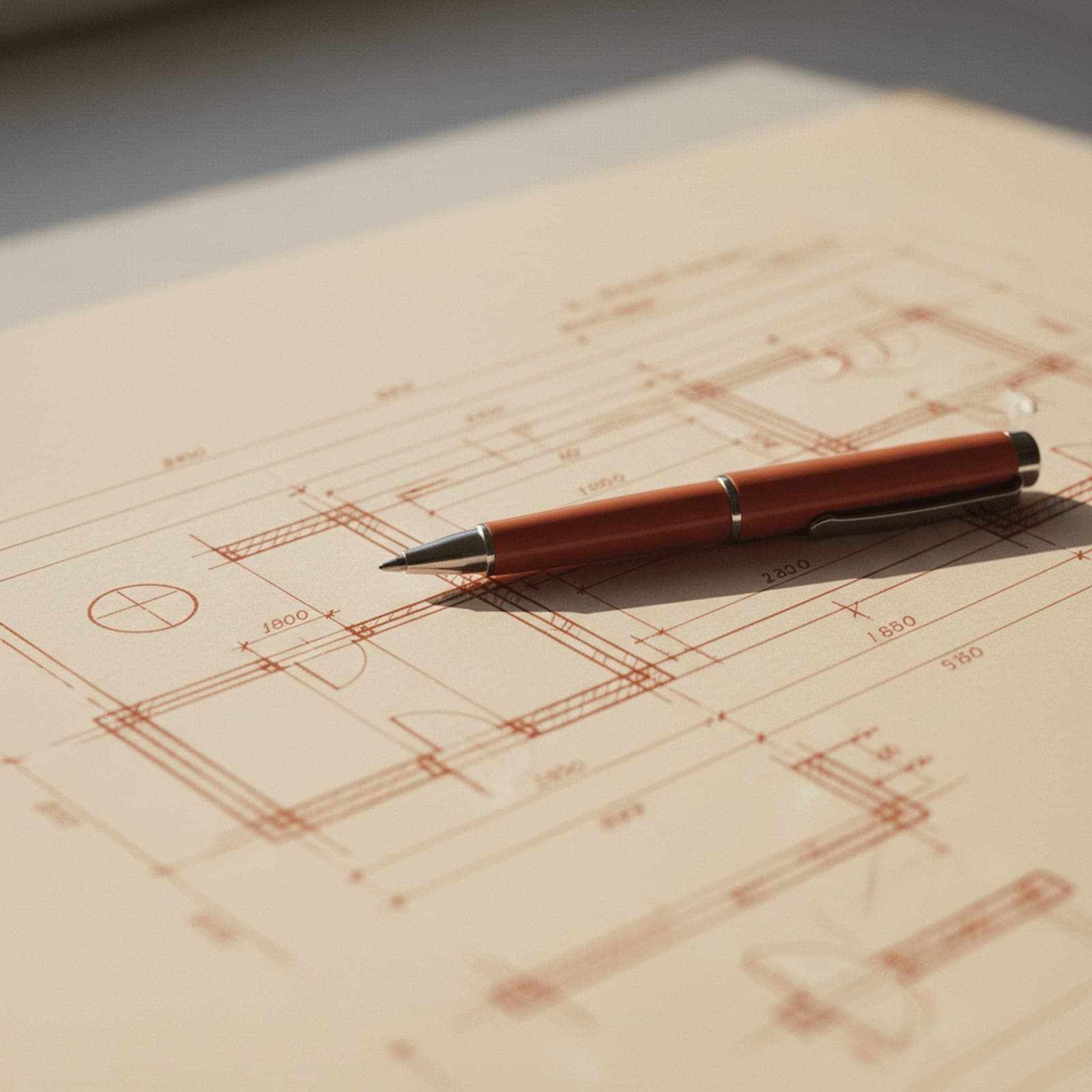 Editorial still-life: blueprint, drafting pen, and espresso cup — the craft of building an SEO system for Coffs Harbour.